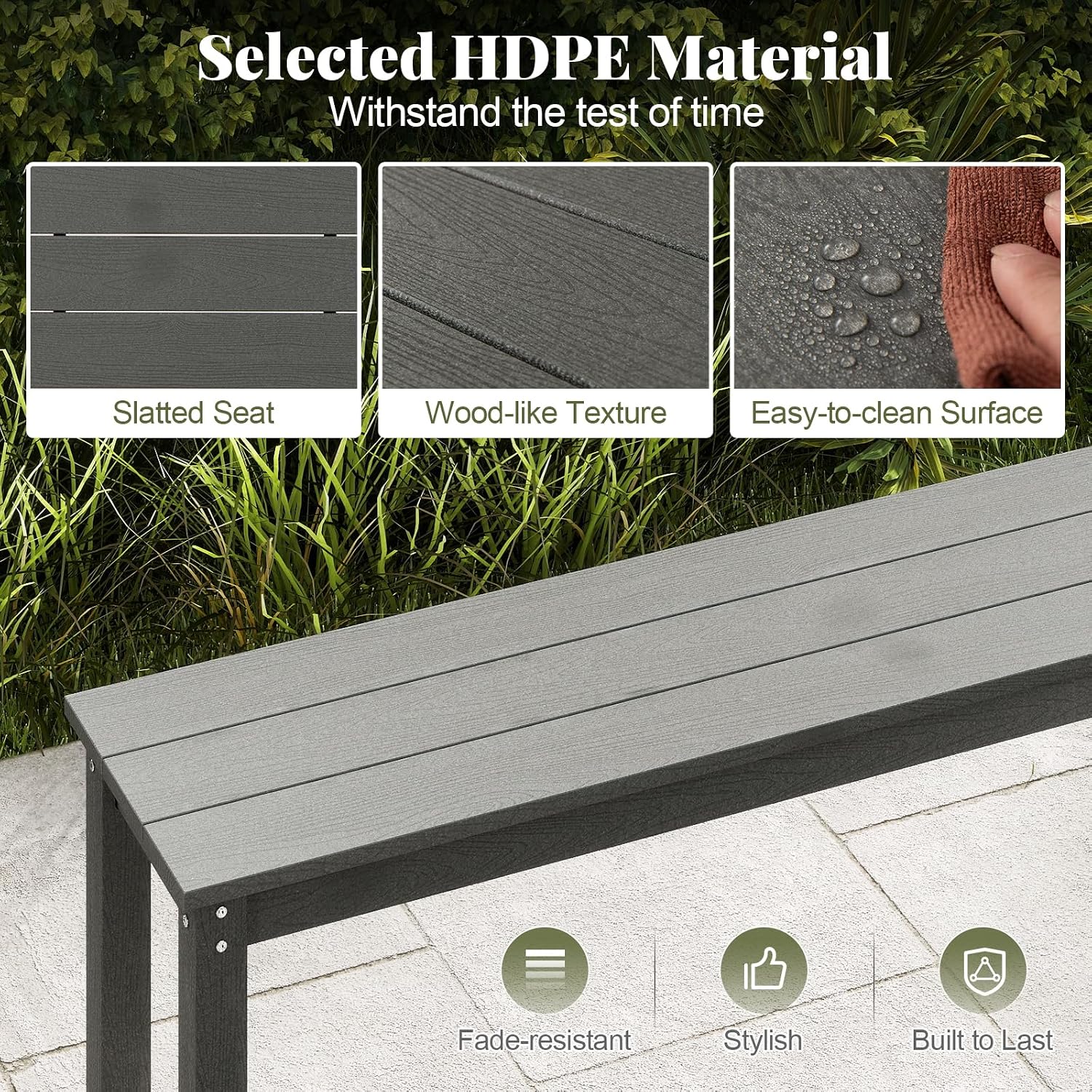 Tangkula HDPE Outdoor Bench, 2-3 Person Patio Bench, 55' Backless Garden Dining Bench with Slatted Seat, Weatherproof Park Bench for Entryway, Porch, Lawn & Backyard (Grey,2)