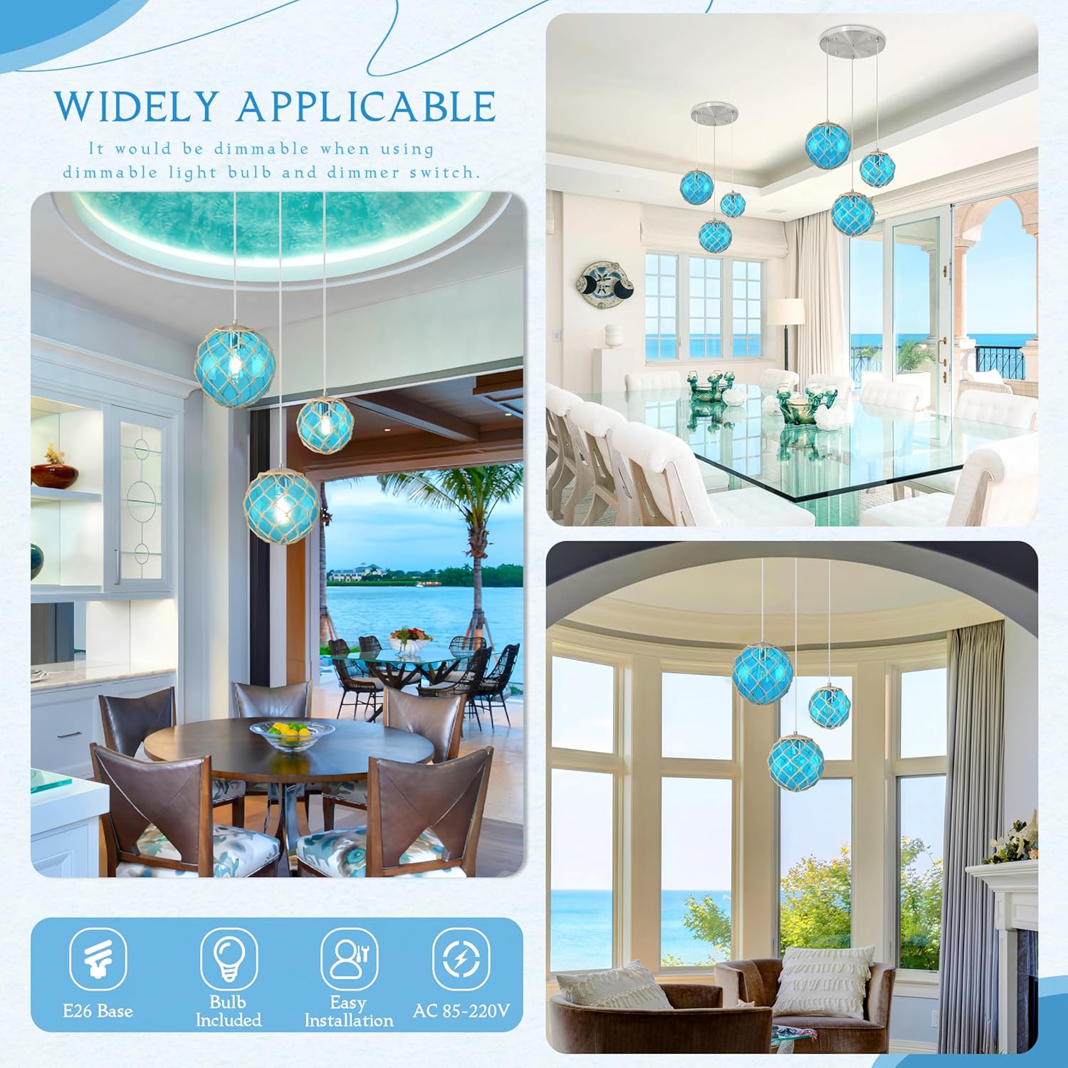 3-Light Blue Coastal Pendant Light Kitchen Island 3 Globe Glass Ocean Chandelier Beach House Boho Chandelier Hanging for Dining Room Living Room Bedroom Foyer (Bulb Incl.)