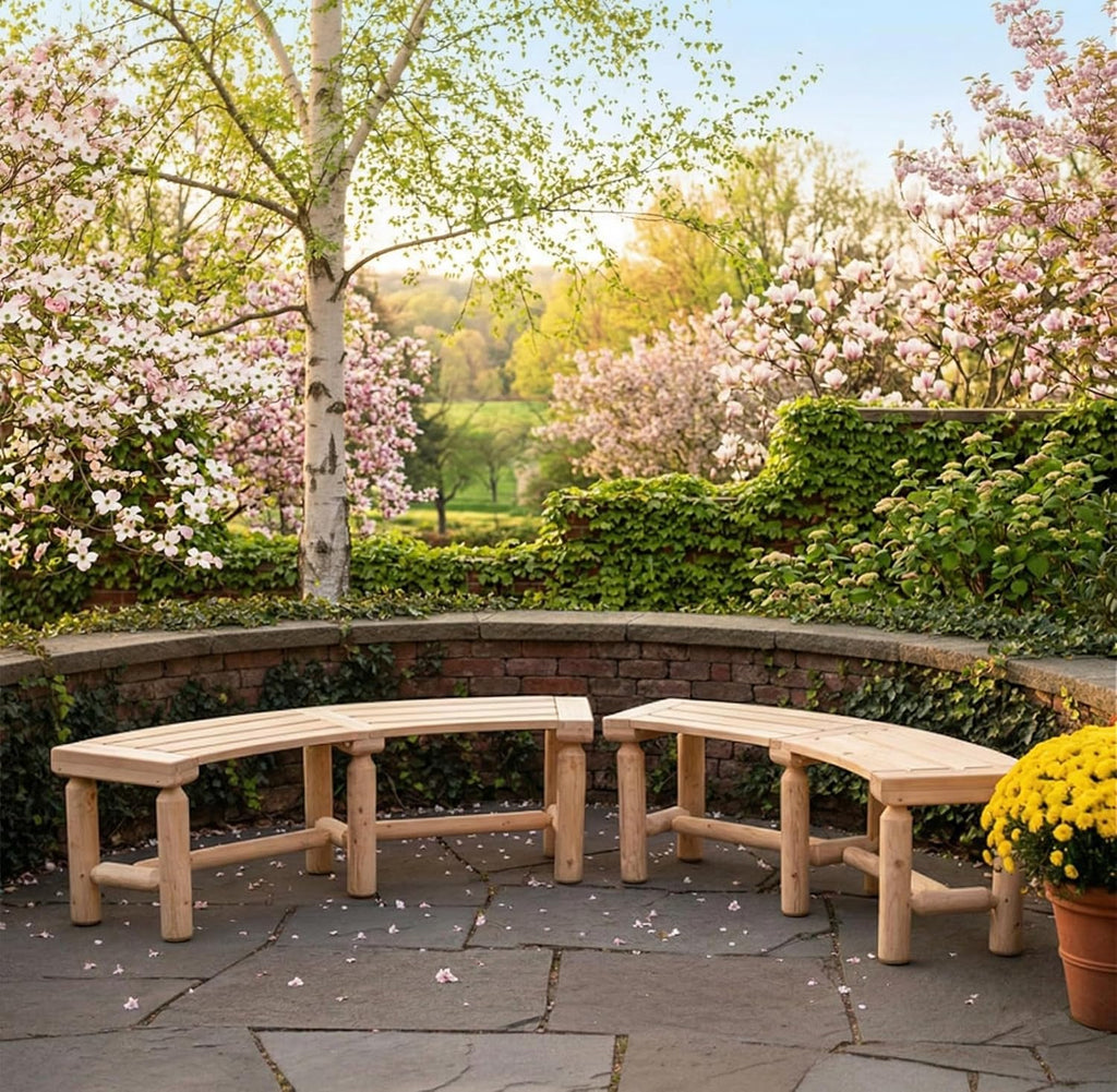 Outdoor Wooden Curved Backless Porch Bench Rustic Style Cedar/Fir Wood Log Fire Pit Bench for Patio Garden Deck and Backyard, 40'-54' W×13' D×16.5' H, 2 Packs