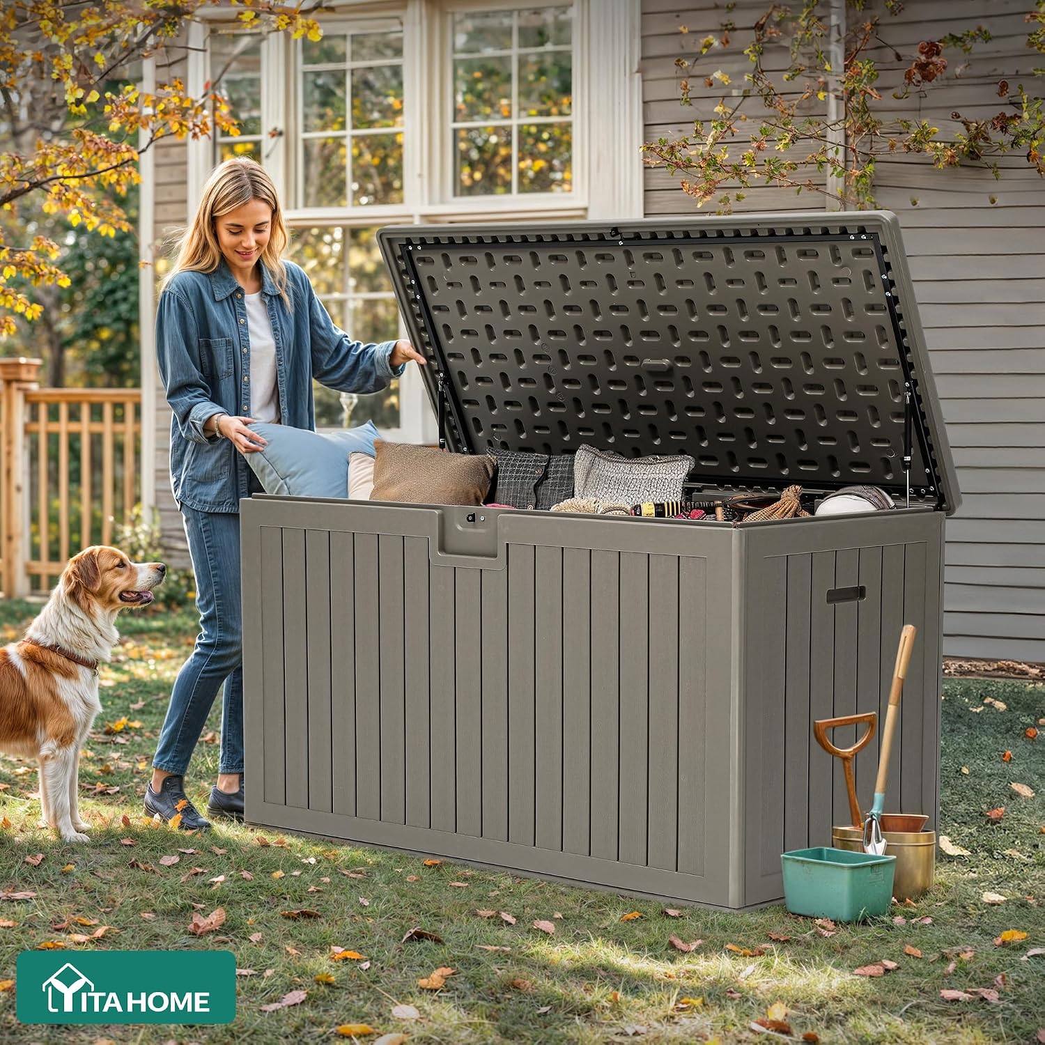 YITAHOME 220 Gallon Extra Large Deck Box, Double-Wall Resin Outdoor Storage Box with Flexible Divider for Patio Cushions Pool Supplies Garden Tools, 990 lbs Load Capacity, Lockable (Light Brown)