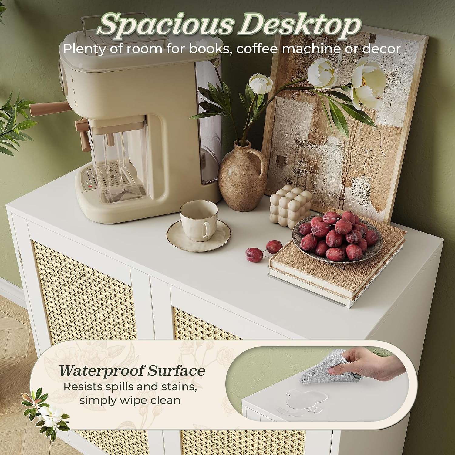 Huuger Buffet Cabinet with Storage, Storage Cabinet with PE Rattan Decor Doors, Solid Wood Feet, for Hallway, Entry, Living Room, White
