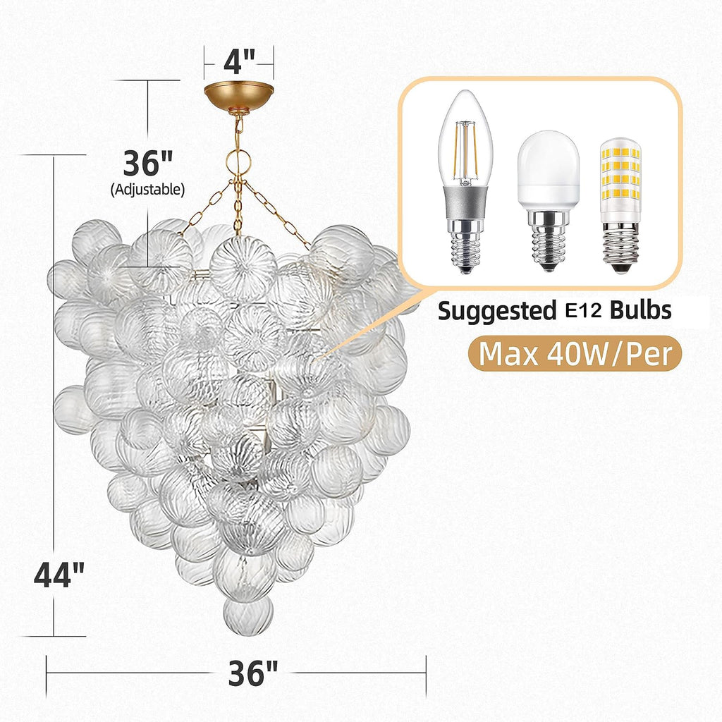 Longree Mid Century Bubble Ball Swirled Glass Chandelier, 36 * 44 in. 2-Tier Frame Gild Gold and Clear Blown Glass Large Cluster Bbble Pendant Light Fixture for Bedroom Restaurant Dining Room