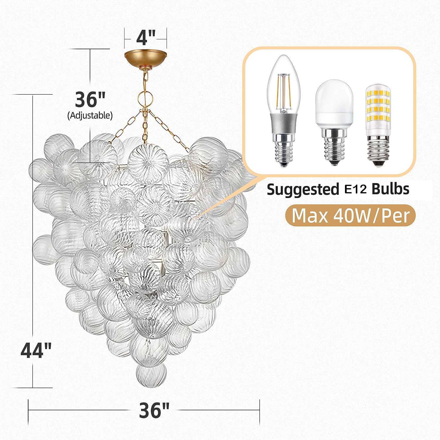 Longree Mid Century Bubble Ball Swirled Glass Chandelier, 36 * 44 in. 2-Tier Frame Gild Gold and Clear Blown Glass Large Cluster Bbble Pendant Light Fixture for Bedroom Restaurant Dining Room