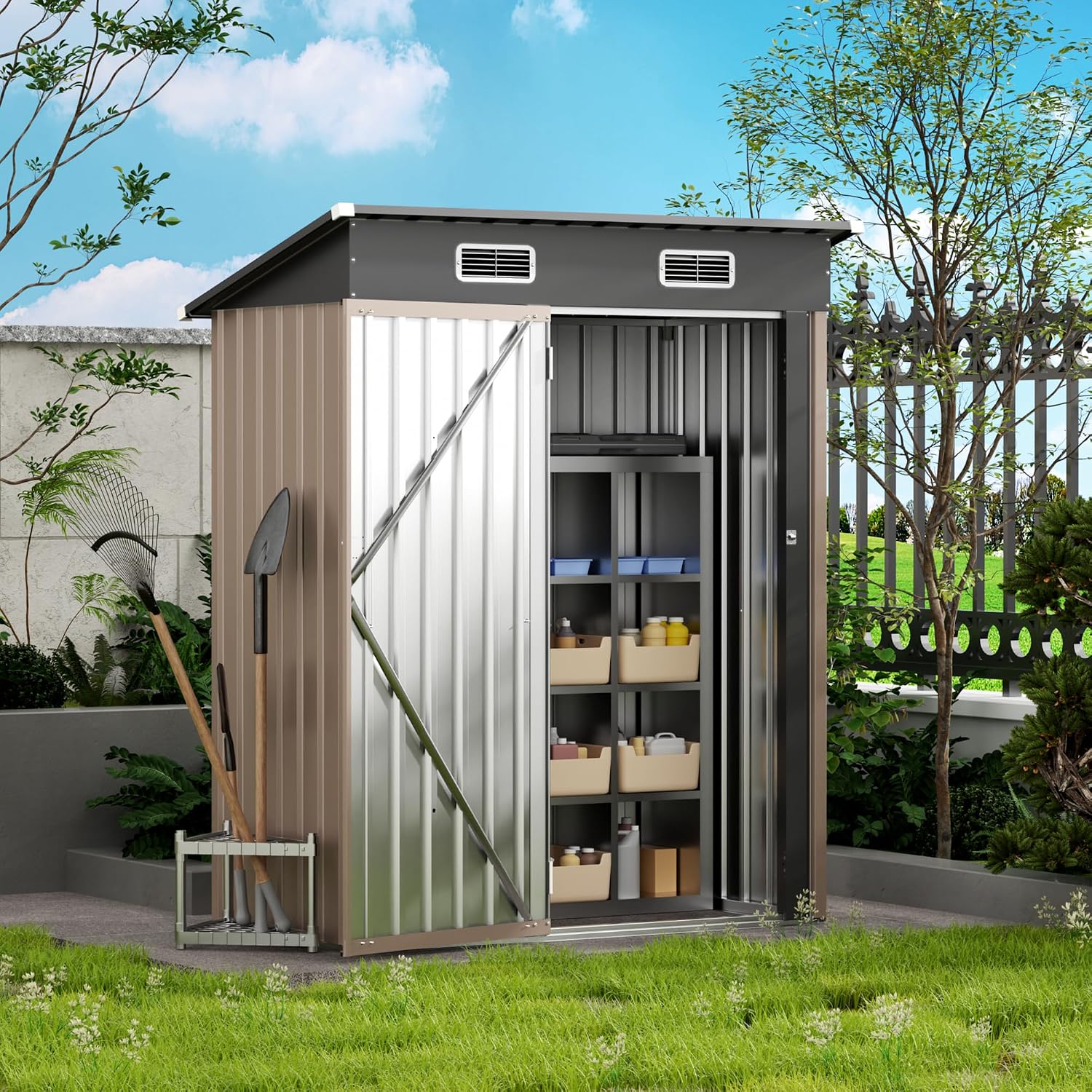 Lockable Metal Garden Shed, 5x2.5 FT Outdoor Metal Storage Sheds Multi-Used, Vertical Outdoor Steel Storage Sheds, Compact Metal Tool