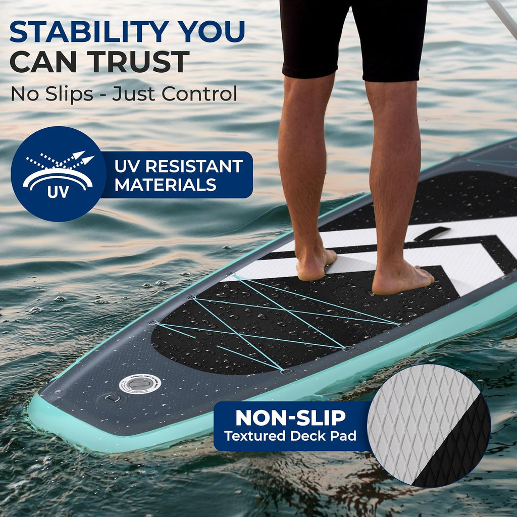 SereneLife Inflatable 10'6' Stand Up Paddle Board with 33' Wide Stable Platform – Non-Slip EVA Deck, 3-Piece Aluminum Paddle, Safety Leash, Removable Fins & Carry Backpack, 350 lbs Capacity