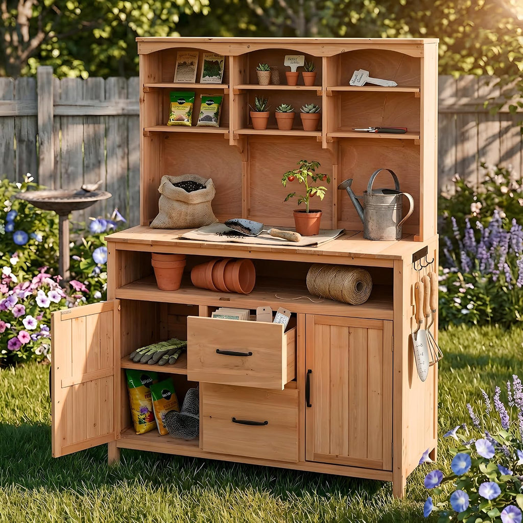 45.3''L Large Fir Wood Potting Bench, Counter Height Outdoor Patio Kitchen Island with Large Countertop, Hutch, Cabinets, Drawers & Hooks, Adjustable Shelf, Wavy Decoration Roof (Natural Wood/103)