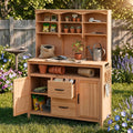 Large Fir Wood Potting Bench, 45.3''L Multi-Functional Outdoor Patio Kitchen Island with Hutch,Drawers & Hooks,Large Countertop for Gardening, Grill (Natural Wood-1)