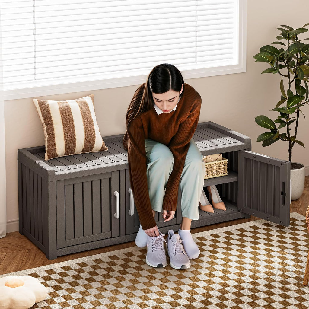 Bifanuo Shoe Storage Cabinet, 3 Door Outdoor Storage Bench with Adjustable Shelves, Waterproof UV-Resistant for Hallway, Living Room, Entryway, Large Capacity Modern Organizer (Grey)