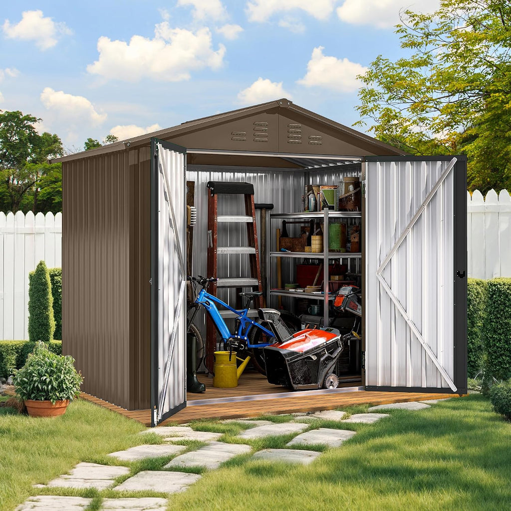 DWVO 6x4ft Tool Storage Shed, Lockable Doors, and Sloped Roof, Steel Outdoor Storage Shed for Garden, Patio, Garage, Backyard, Lawn - Brown