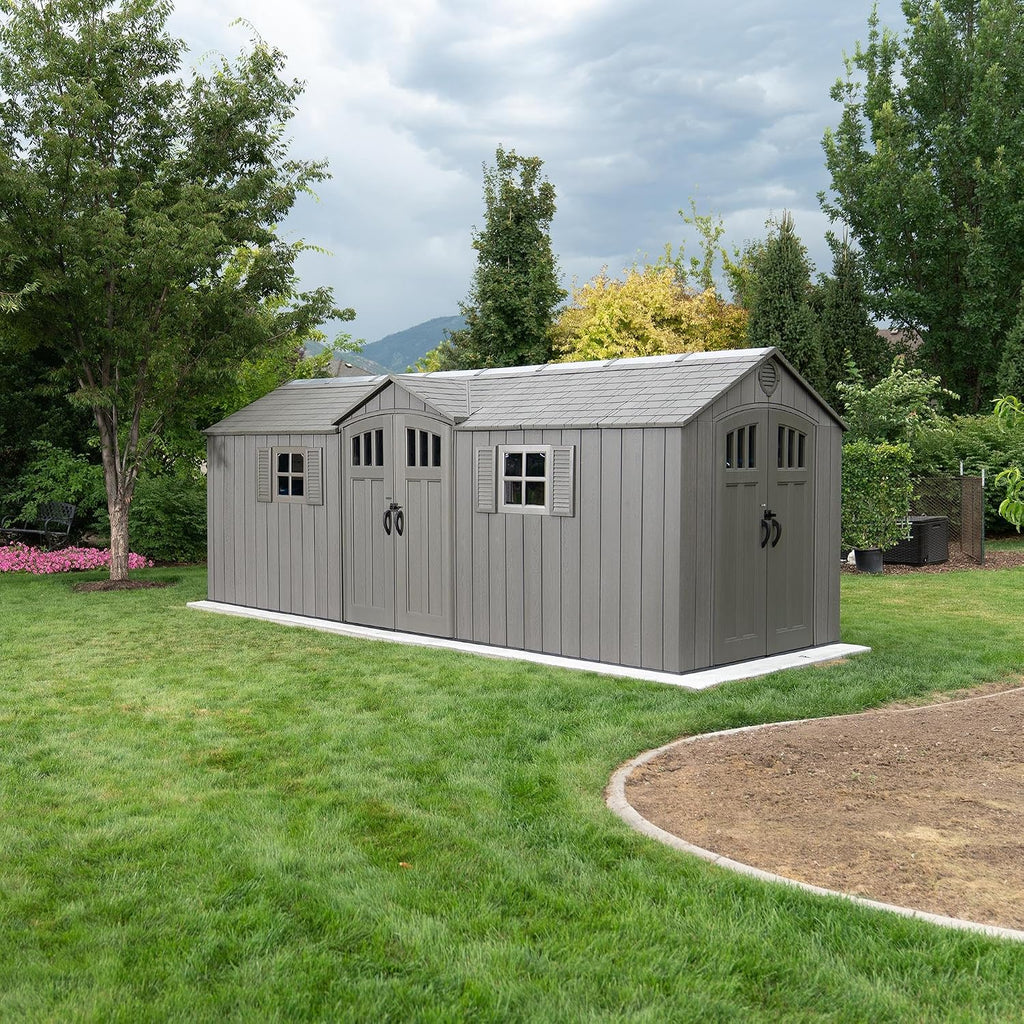 Lifetime 20x8 Ft Outdoor Storage Shed, Gray HDPE Construction, Steel-Reinforced Walls, Dual-Entry Design with Lockable Doors, Skylights, Adjustable Shelving System, Snow Load Kit Included