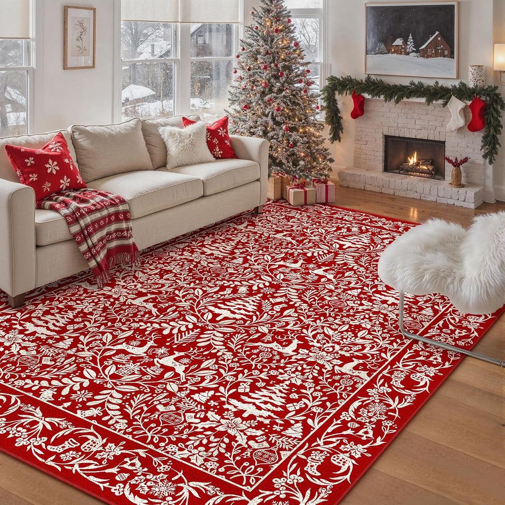 Christmas Area Rug 8x10 Red Washable Non-Slip Holiday Area Rug Reindeer Christmas Tree Carpet for Living Room Bedroom Dining Room Playroom Office