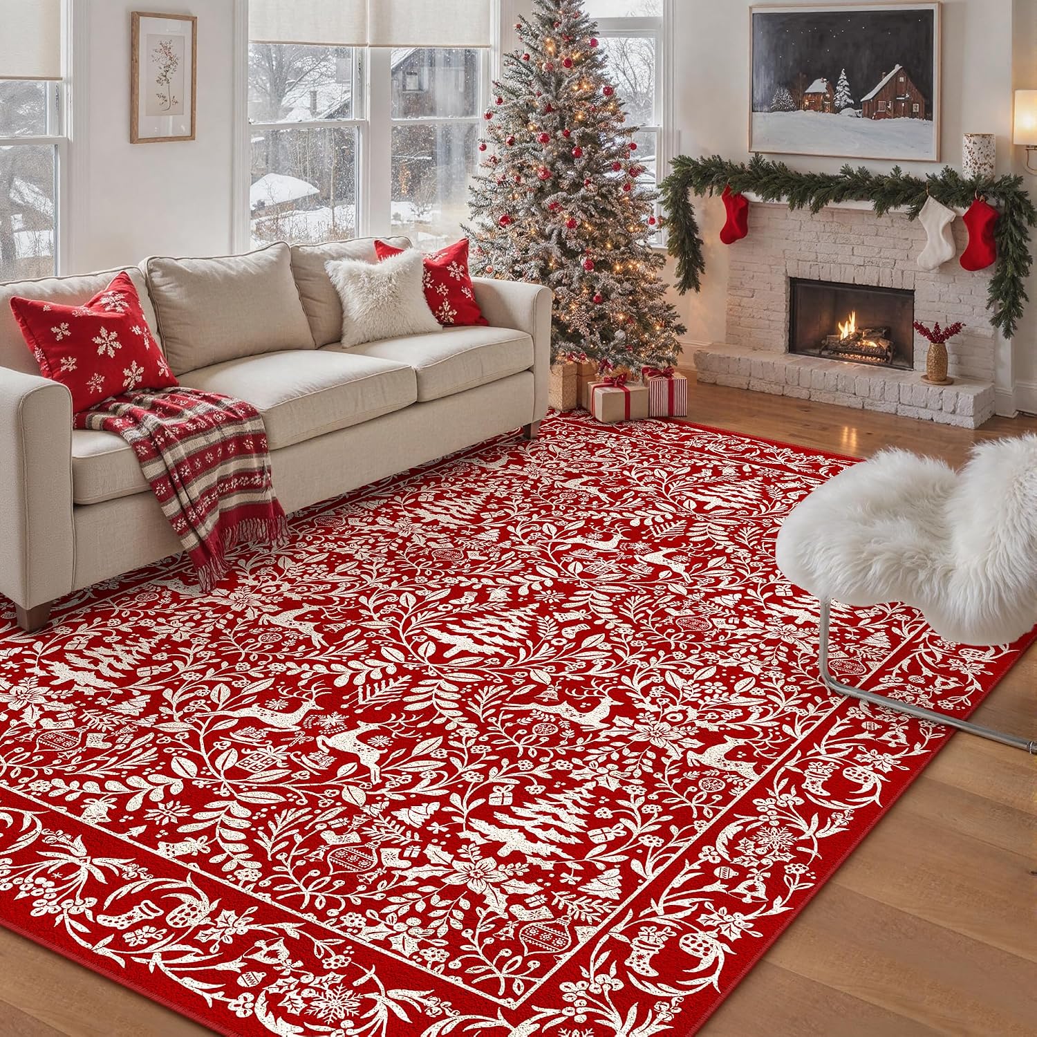 Christmas Area Rug 8x10 Red Washable Non-Slip Holiday Area Rug Reindeer Christmas Tree Carpet for Living Room Bedroom Dining Room Playroom Office