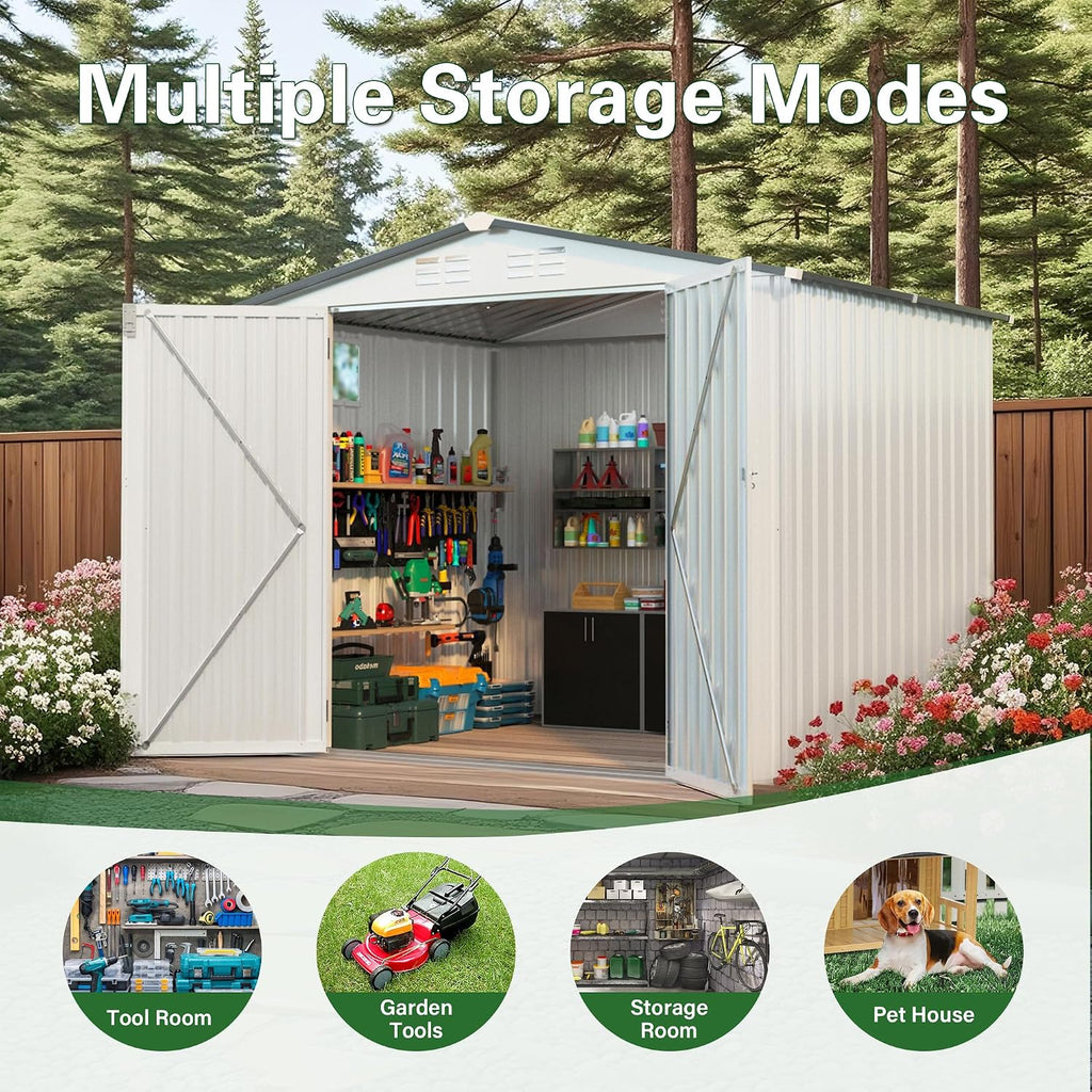 CHUNLY 8 x 6 ft Outdoor Storage Shed w/Side Window and Lockable Door, All Weather Tool Shed with Pitched Roof Waterproof, Storage Garden Shed Storage Room for Patio Backyard Lawn, White + Gray