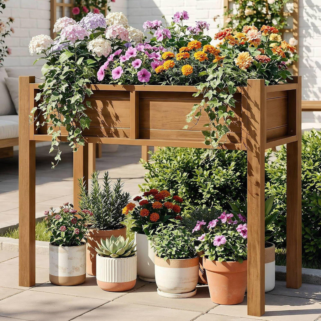 DWVO Raised Garden Bed HDPE with Legs Poly-Wood Weatherproof Elevated Planter Box Outdoor with Drainage System Patio Planters for Herbs Vegetables Flowers Plant Bed for Garden Balcony Backyard, Teak