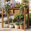 DWVO Raised Garden Bed HDPE with Legs Poly-Wood Weatherproof Elevated Planter Box Outdoor with Drainage System Patio Planters for Herbs Vegetables Flowers Plant Bed for Garden Balcony Backyard, Teak