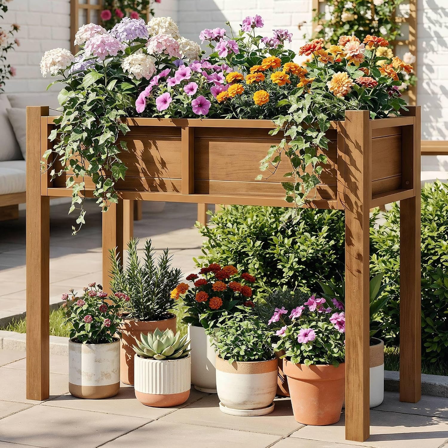 DWVO Raised Garden Bed HDPE with Legs Poly-Wood Weatherproof Elevated Planter Box Outdoor with Drainage System Patio Planters for Herbs Vegetables Flowers Plant Bed for Garden Balcony Backyard, Teak