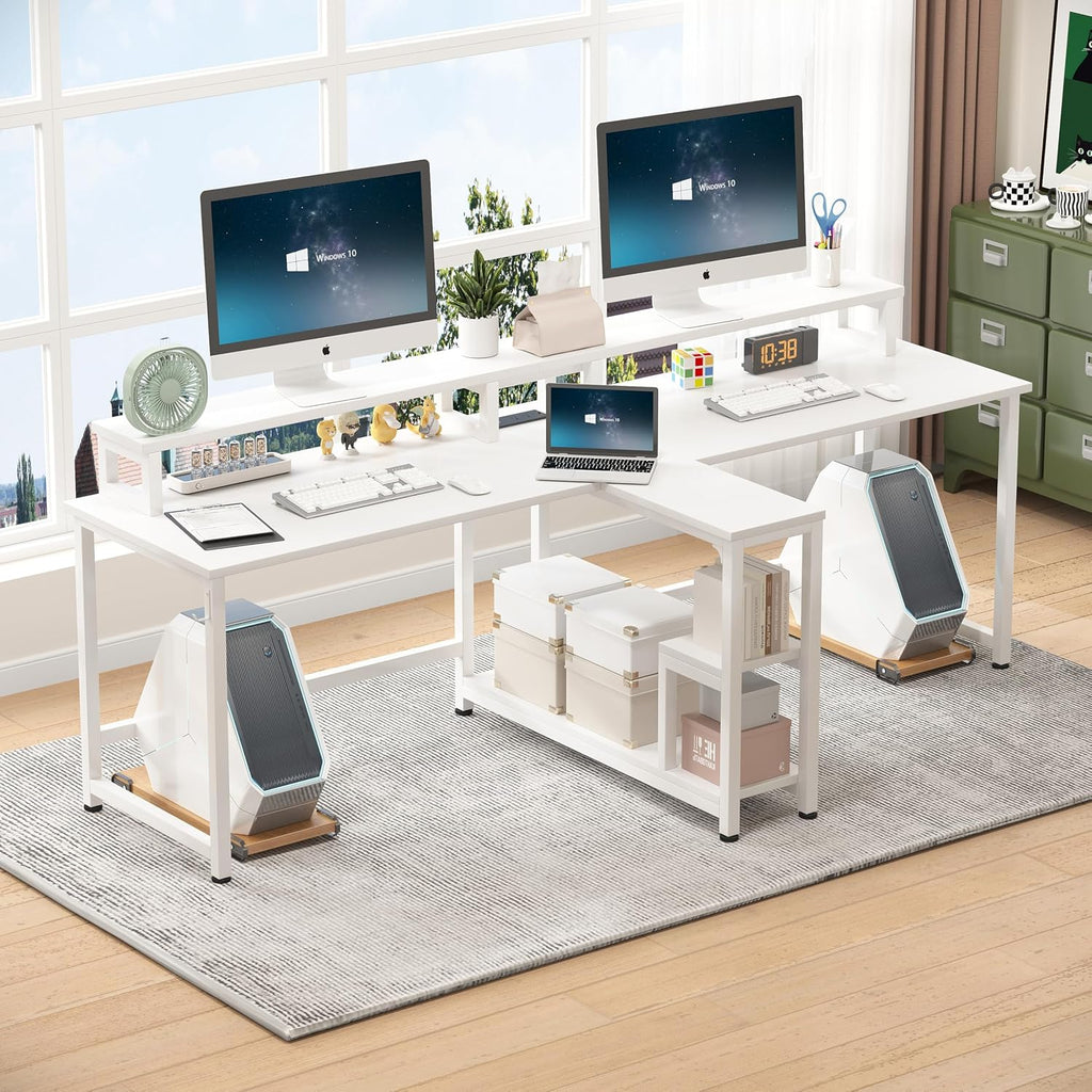 MUTUN 83.7' Two Person Gaming Desk, Long Computer Office Desk with Charging Station and LED Lights, Double Desks with Monitor Stand and Shelves, Study Writing Table Workstation for Home Office, White