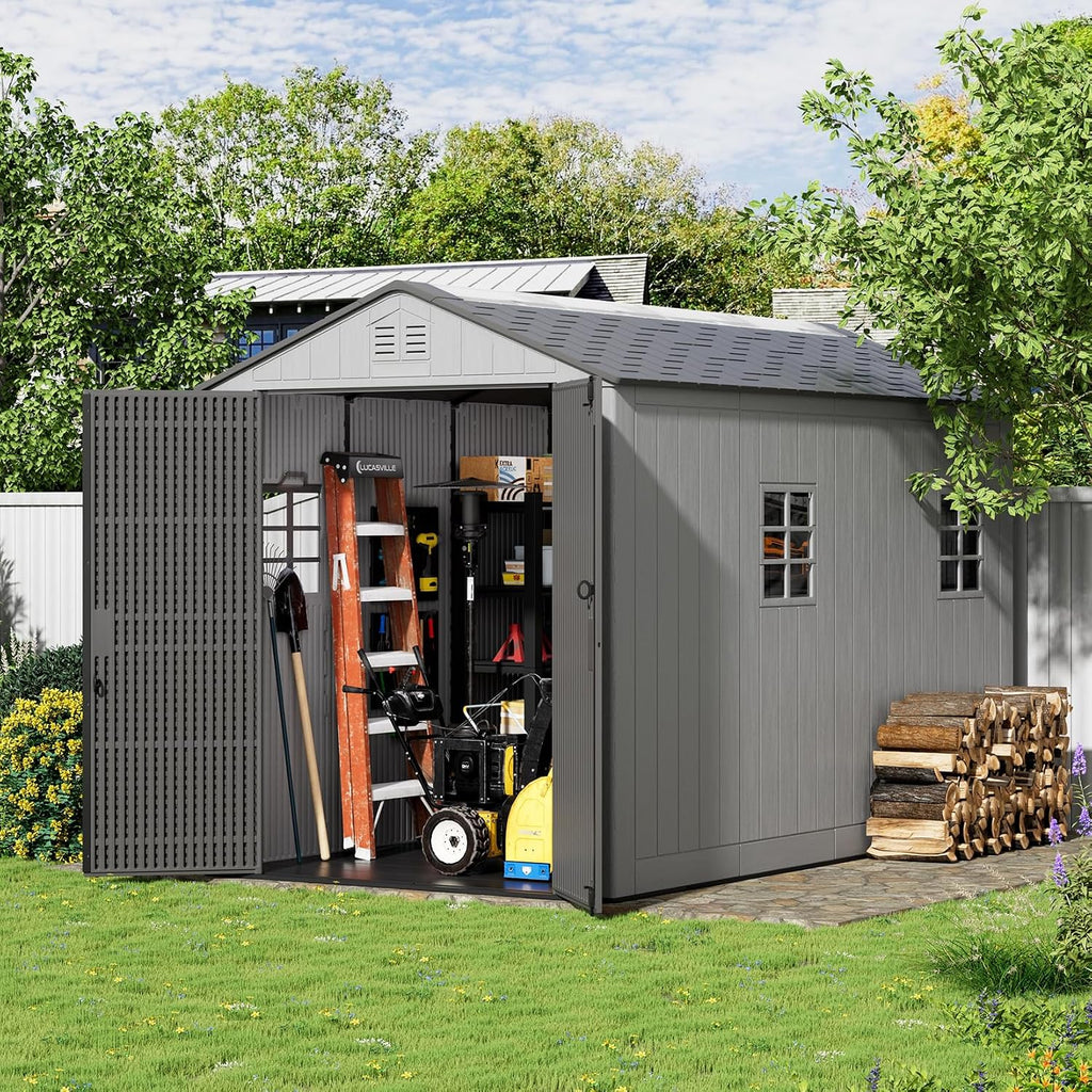 ZZM Outdoor Storage Shed 6x11 Ft, All-Weather Resistant Resin Garden Sheds & Outdoor Storage Clearance with Floor and Windows, Double-Layer Plastic Tool Shed for Backyard, Patio & Lawn (Gray)
