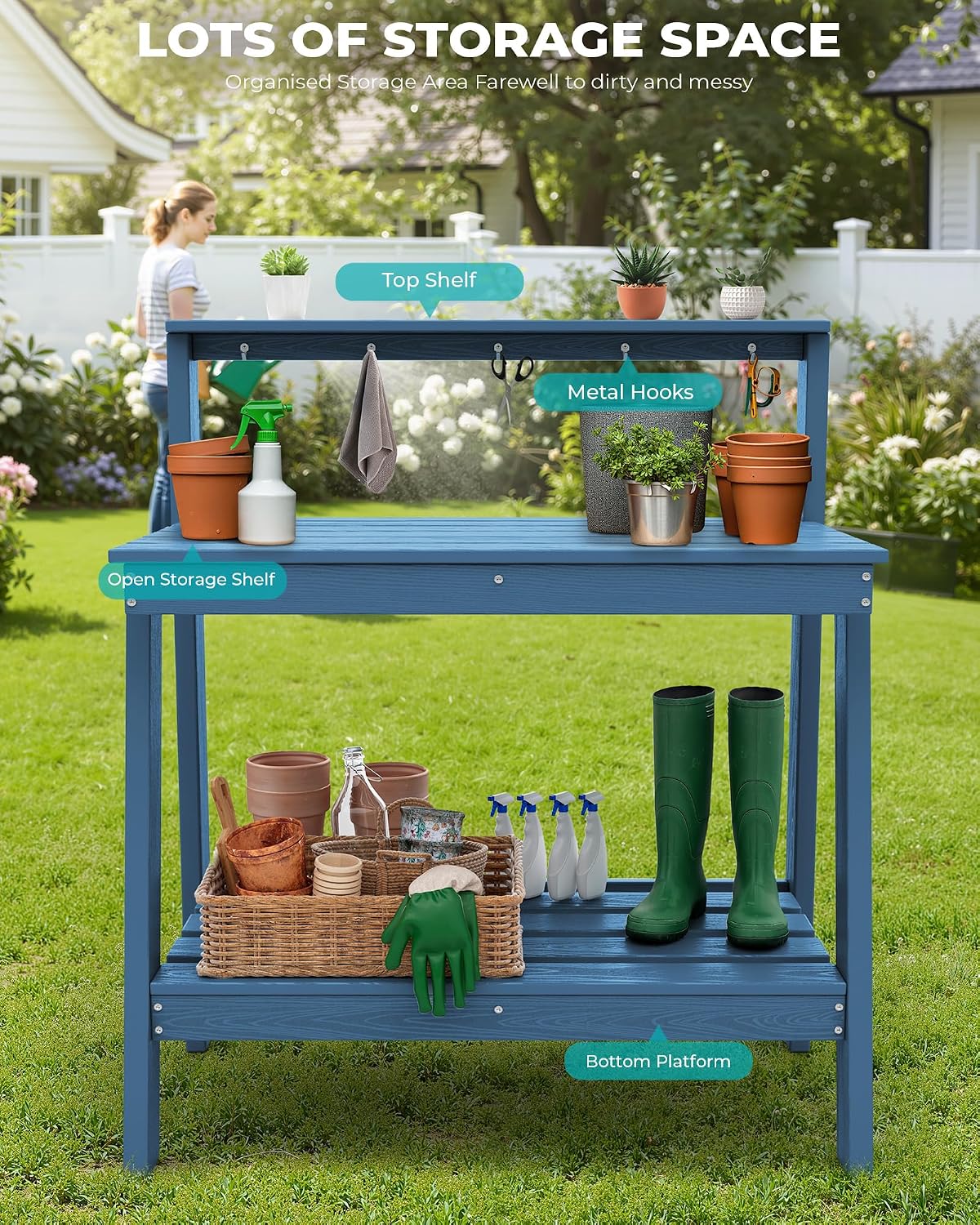 SERWALL Potting Bench Outdoor with Storage, 3-Tier HDPE Gardening Table with Angled Legs & Tool Hooks, All-Weather Heavy Duty Potting Table for Patio, Backyard, Garden, Blue