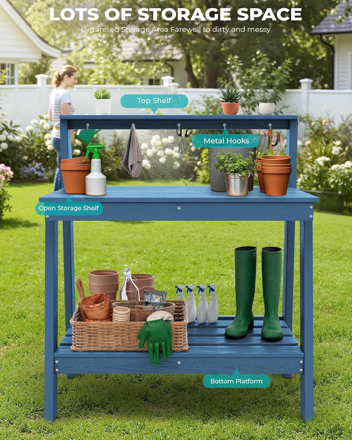 SERWALL Potting Bench Outdoor with Storage Set of 2, 3-Tier HDPE Gardening Table with Angled Legs & Tool Hooks, All-Weather Heavy Duty Potting Table for Patio, Backyard, Garden, Blue