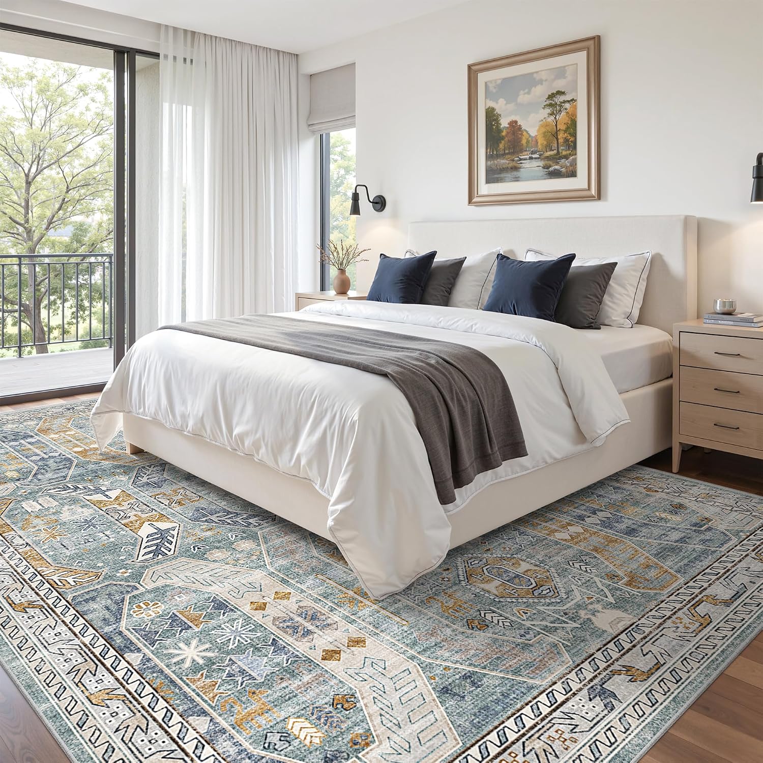 befbee 9x12 Area Rug,Ultra-Thin Washable Rugs for Living Room,Non-Slip Lightweight Foldable Area Rug,Stain Resistant Vintage Large Rugs (Blue/Gold,9'x12')