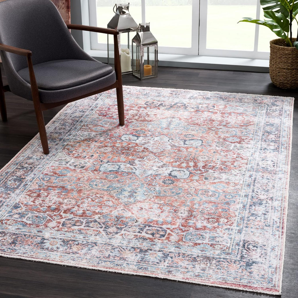 Bloom Rugs Caria Washable Non-Slip 8x10 Rug - Brick/Dark Blue Traditional Area Rug for Living Room, Bedroom, Dining Room, and Kitchen - Exact Size: 7'8' x 10'