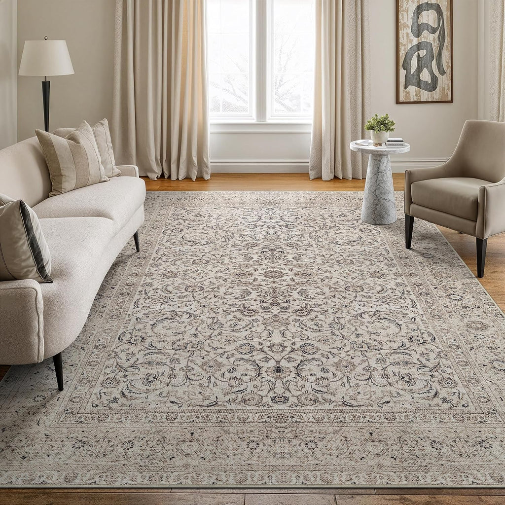 Bloom Rugs Washable Non-Slip 6' x 9' Rug - Beige/Off White Traditional Bordered Area Rug for Living Room, Bedroom, Dining Room, and Kitchen - Exact Size: 6' x 9'