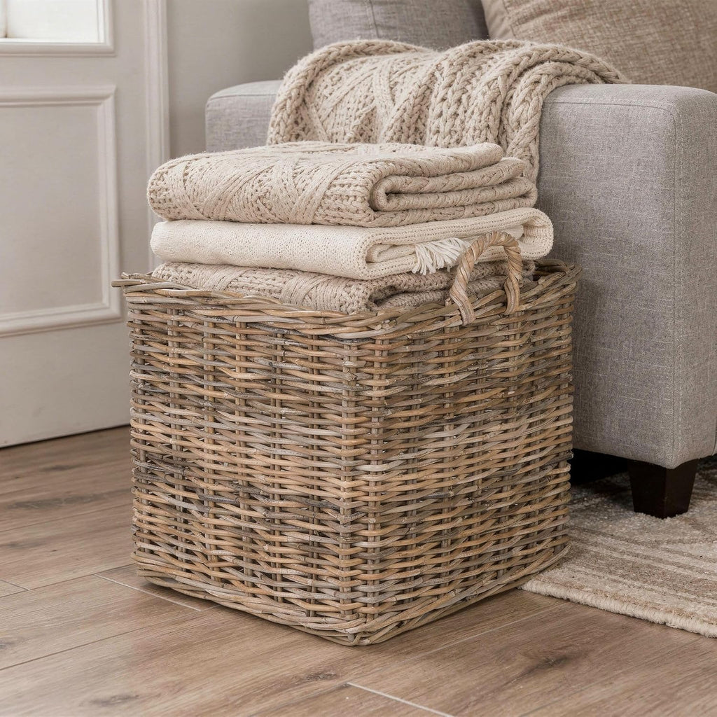 KOUBOO Large Square Rattan Basket, Handmade, Living Room, Blankets, Toy Bin, Extra Storage, Decorative Storage, Laundry Basket, Linens, Gray & Brown, Large