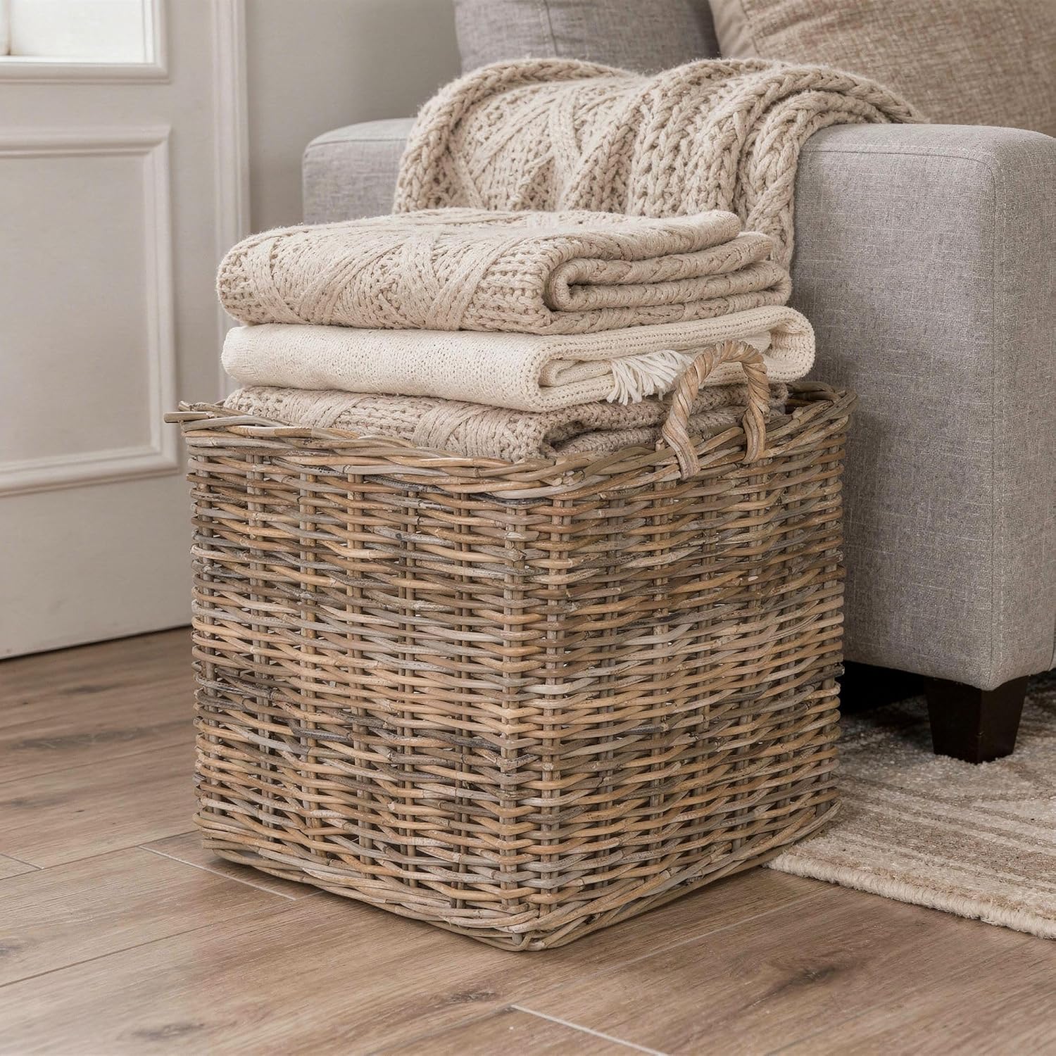 KOUBOO Large Square Rattan Basket, Handmade, Living Room, Blankets, Toy Bin, Extra Storage, Decorative Storage, Laundry Basket, Linens, Gray & Brown, Large