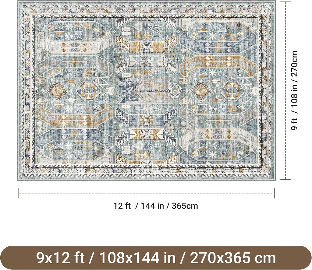 befbee 9x12 Area Rug,Ultra-Thin Washable Rugs for Living Room,Non-Slip Lightweight Foldable Area Rug,Stain Resistant Vintage Large Rugs (Blue/Gold,9'x12')