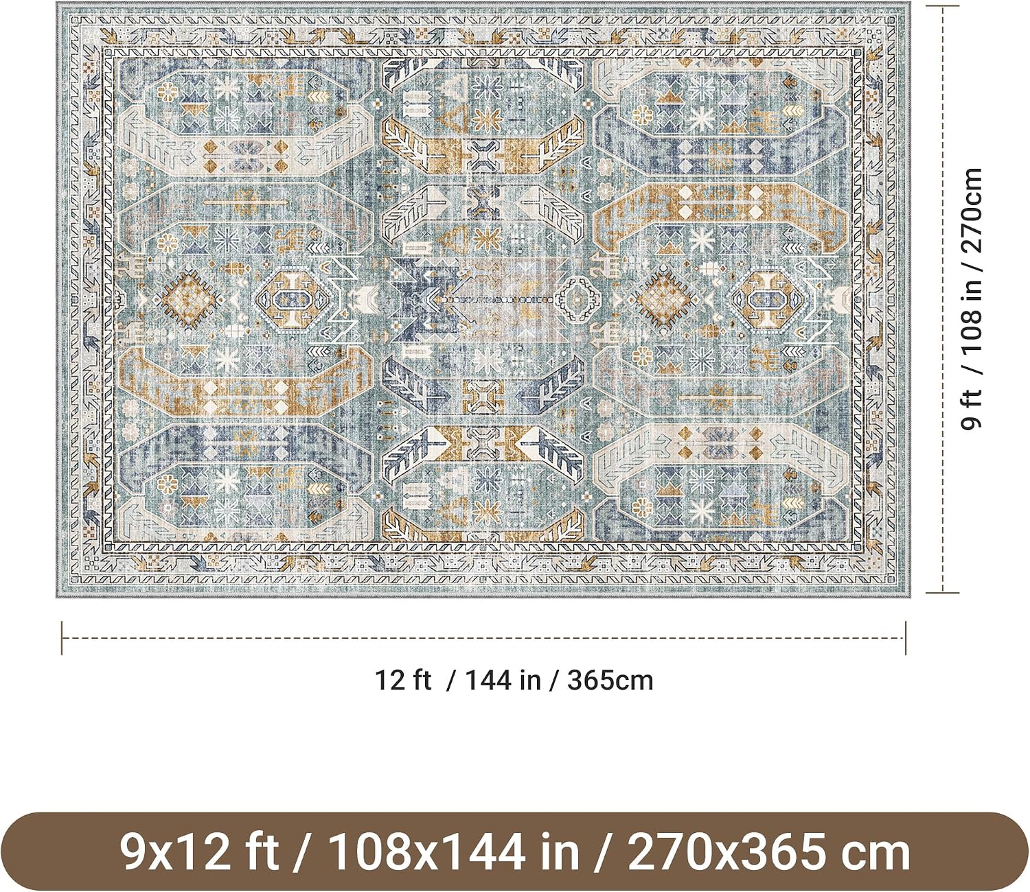 befbee 9x12 Area Rug,Ultra-Thin Washable Rugs for Living Room,Non-Slip Lightweight Foldable Area Rug,Stain Resistant Vintage Large Rugs (Blue/Gold,9'x12')