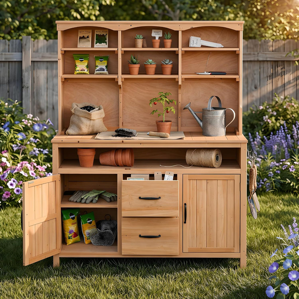 45.3''L Large Fir Wood Potting Bench, Counter Height Outdoor Patio Kitchen Island with Large Countertop, Hutch, Cabinets, Drawers & Hooks, Adjustable Shelf, Wavy Decoration Roof (Natural Wood/103)