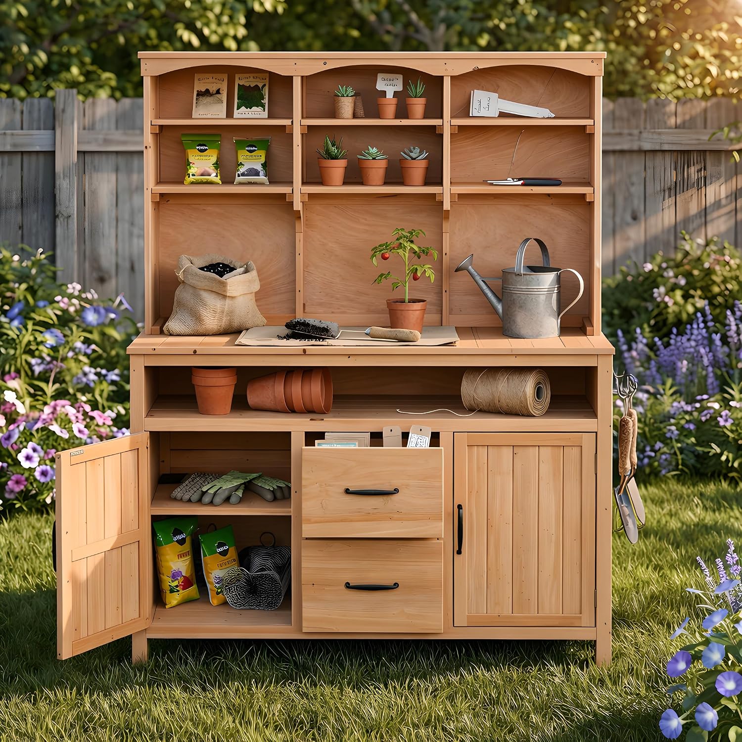 Large Fir Wood Potting Bench, 45.3''L Multi-Functional Outdoor Patio Kitchen Island with Hutch,Drawers & Hooks,Large Countertop for Gardening, Grill (Natural Wood-1)