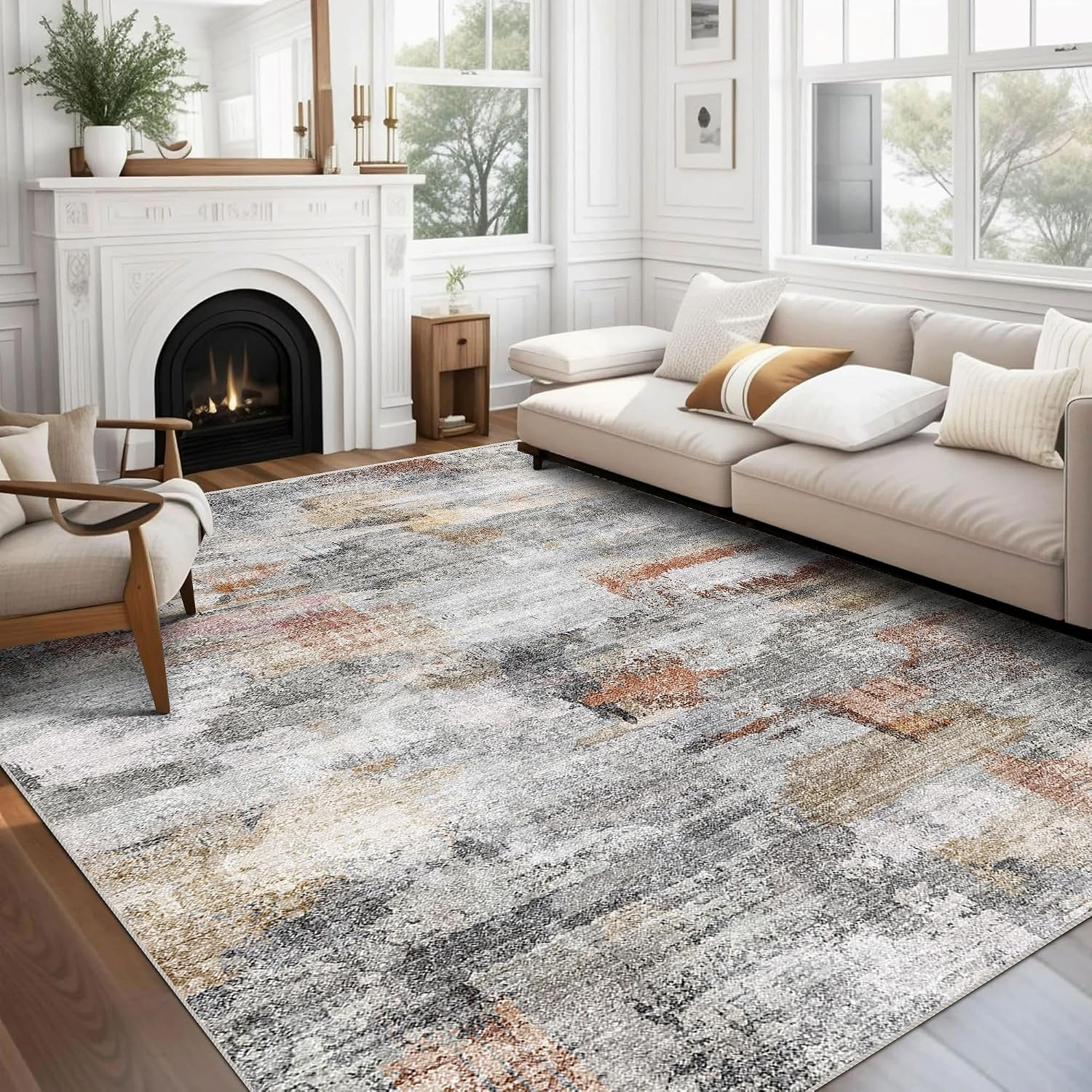 vivorug Washable Rug, Ultra Soft Area Rug 6x9, Non Slip Abstract Rug Carpet, Stain Resistant Rugs for Living Room Bedroom, Modern Fluffy Rug (Gray/Rust, 6'x9')