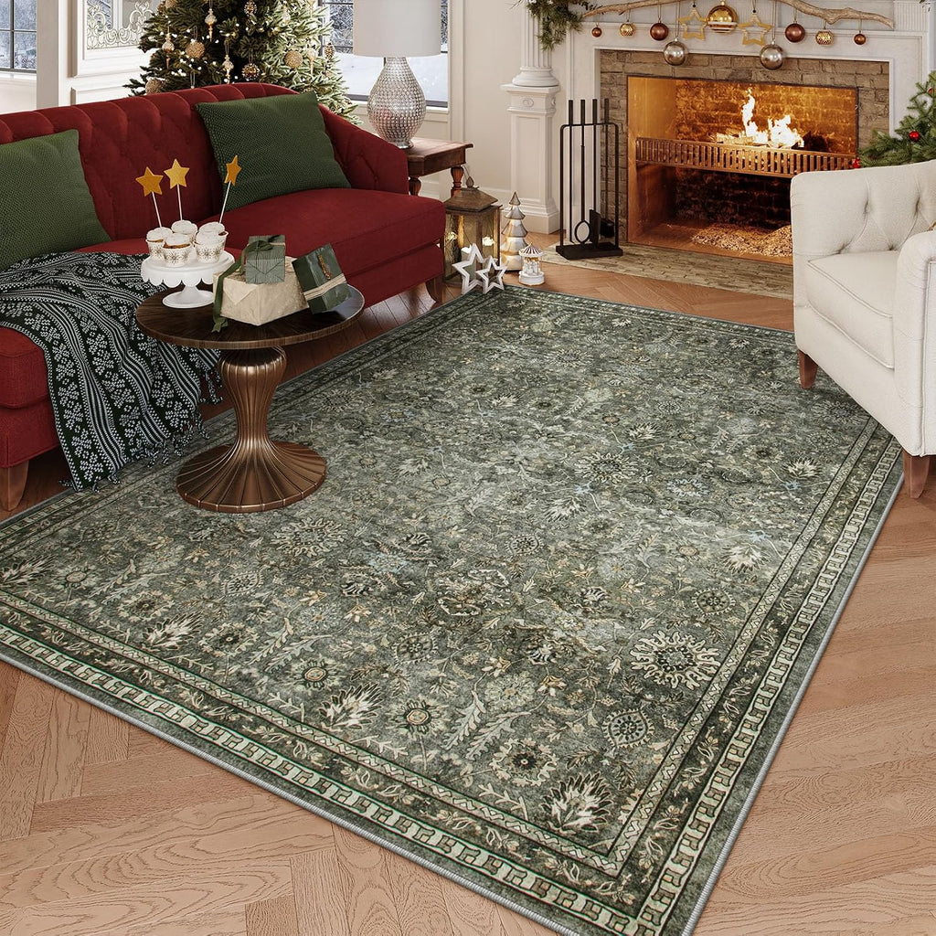 Lahome Sage Green Area Rug 6x9, Machine Washable Rugs for Living Room, Boho Vintage Soft Bedroom Carpet for Dining Room Nursery Apartment Office, Dark Green