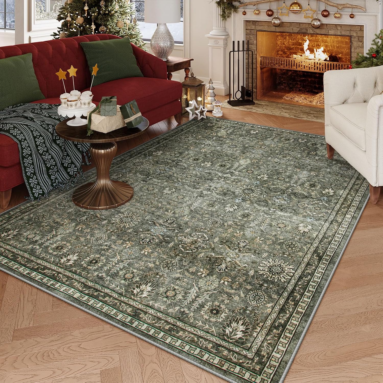 Lahome Sage Green Area Rug 6x9, Machine Washable Rugs for Living Room, Boho Vintage Soft Bedroom Carpet for Dining Room Nursery Apartment Office, Dark Green