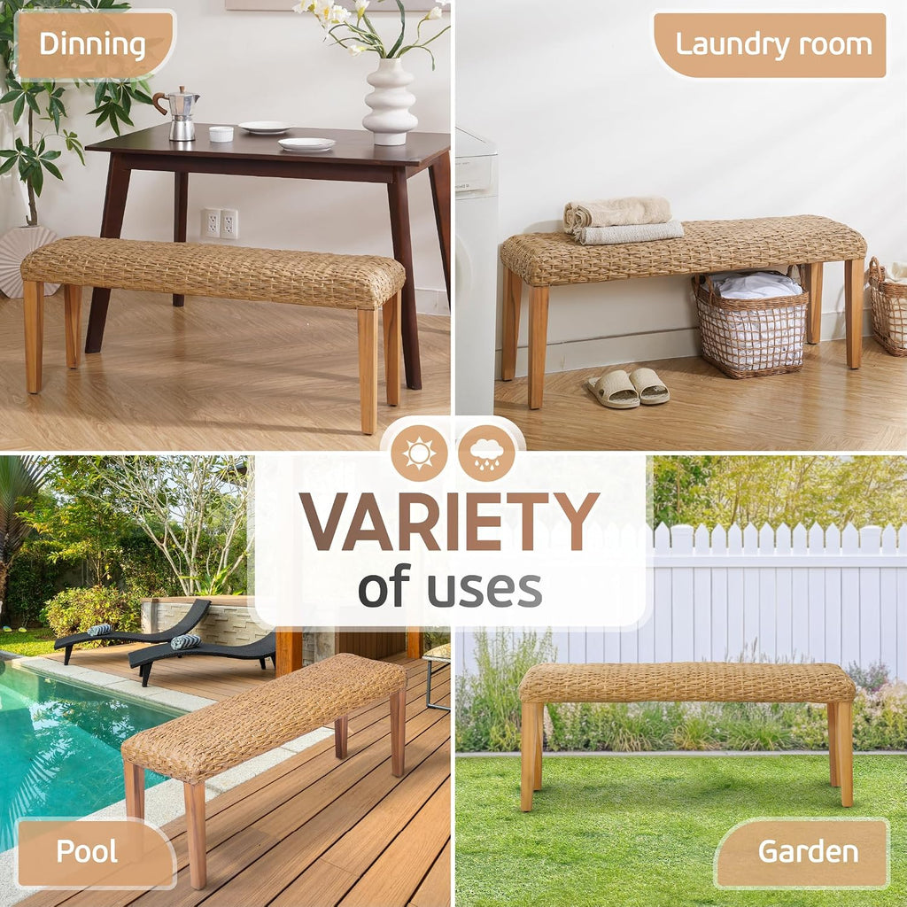 Outdoor Backless Bench, All-Weather Wicker & Solid Acacia Wood, Premium Garden Bench with Woven Rattan Seat and Thick Outdoor Cushion for Patio, Porch, Living Room or Entryway (Natural, PE Wicker).