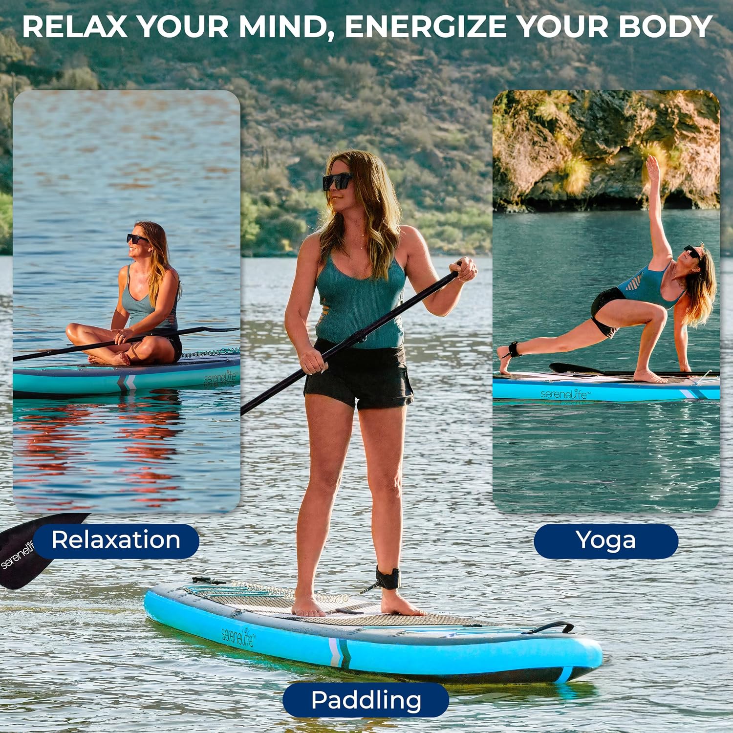 SereneLife Inflatable 10'6' Stand Up Paddle Board with 33' Wide Stable Platform – Non-Slip EVA Deck, 3-Piece Aluminum Paddle, Safety Leash, Removable Fins & Carry Backpack, 350 lbs Capacity