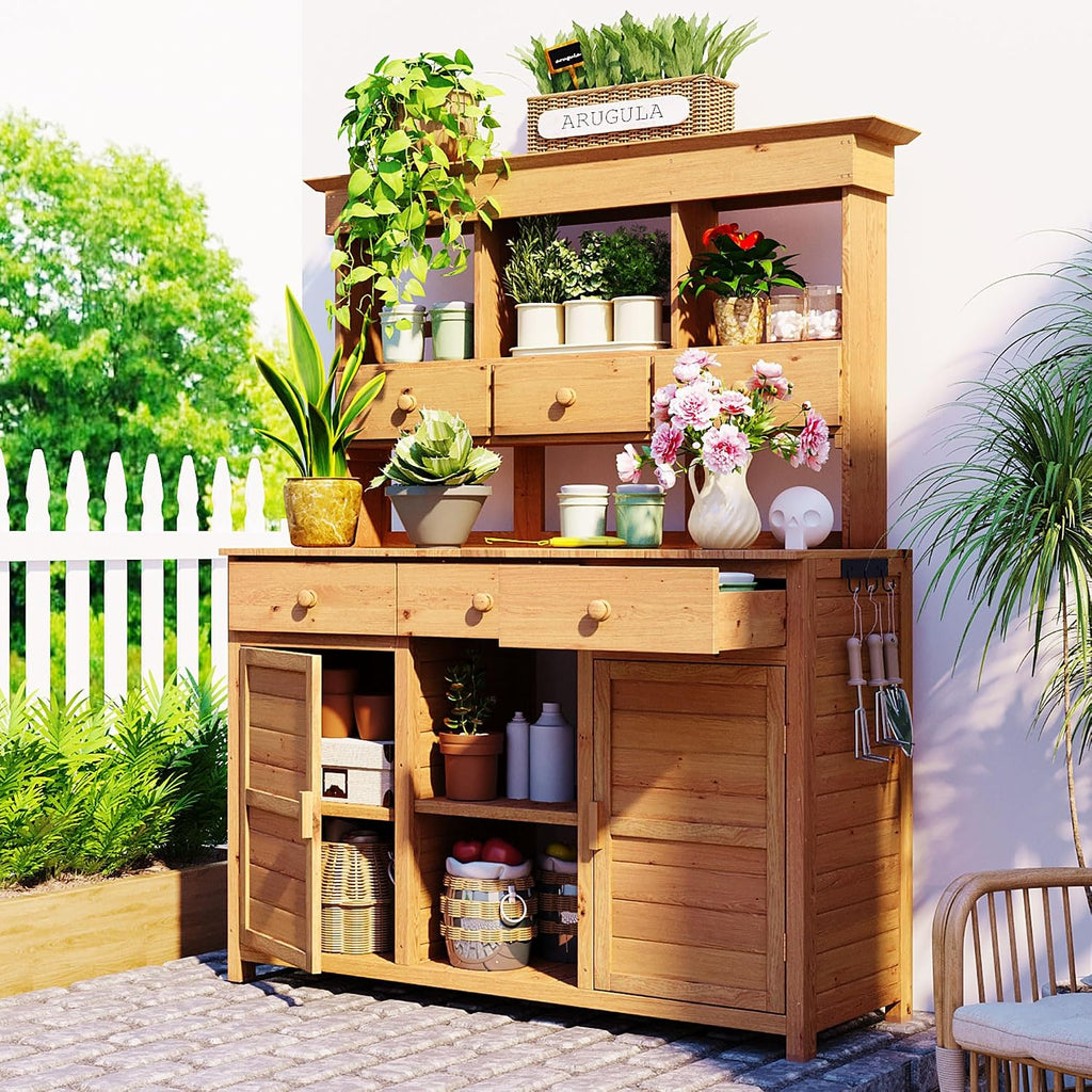 Harper & Bright Designs 65.7'' H Tall Garden Potting Bench Table with Hutch,Patio Storage Workstation with 3 Shelves,6 Drawers,2 Bottom Cabinets&Side Hooks for Mudroom,Doorway, Natural