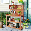 Outdoor Potting Bench Table with Storage Shelves, Farmhouse Wood Garden Wook Station Table with Side Hooks,Potting Tables for Outside, Patio, Backyard, Easy Assembly, Natural