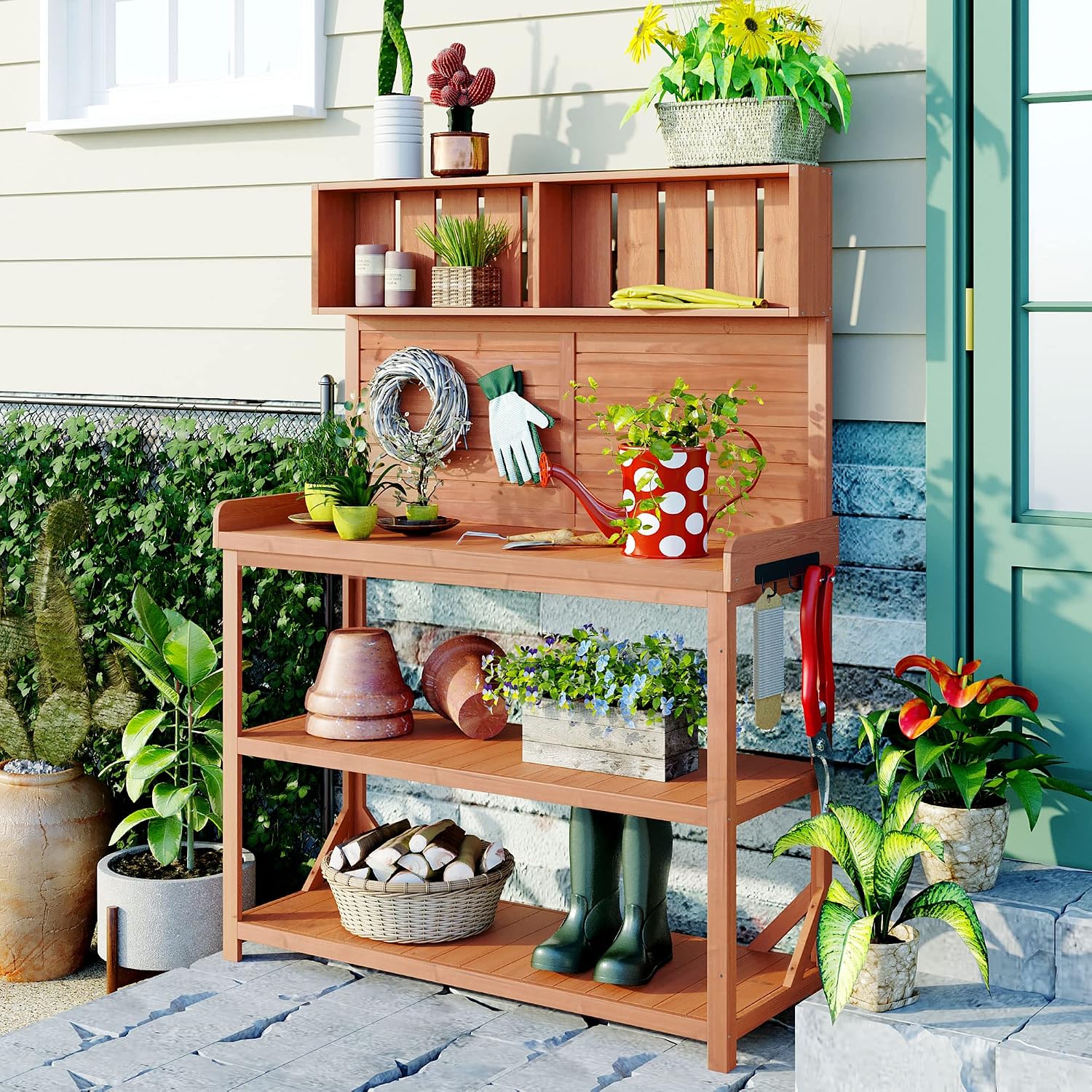 Outdoor Potting Bench Table with Storage Shelves, Farmhouse Wood Garden Wook Station Table with Side Hooks,Potting Tables for Outside, Patio, Backyard, Easy Assembly, Natural