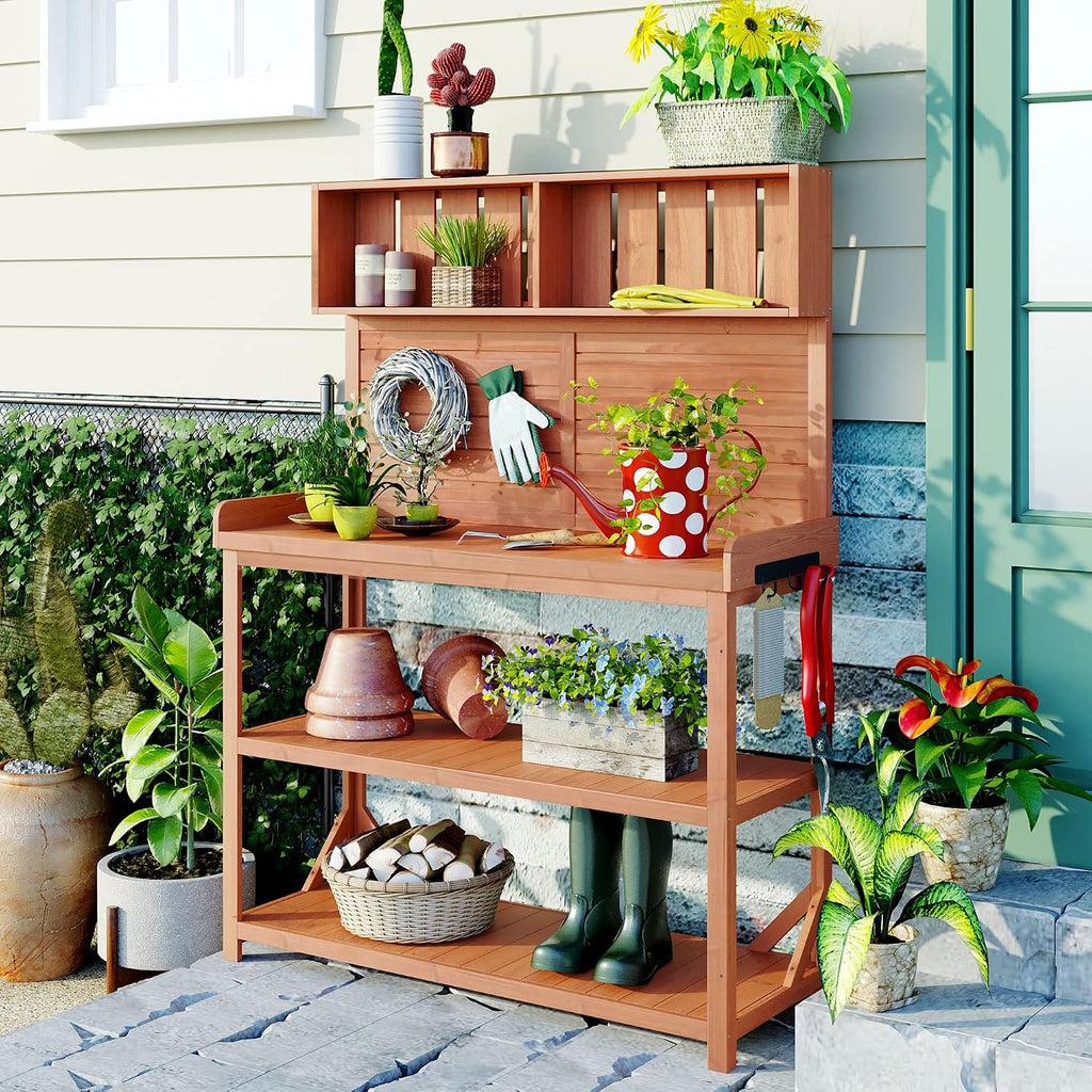 Farmhouse Rustic Outdoor Potting Bench Table, 65' Large Wooden Garden Potting Bench with 4 Storage Shelves and Side Hook, Spacious Patio Workstation