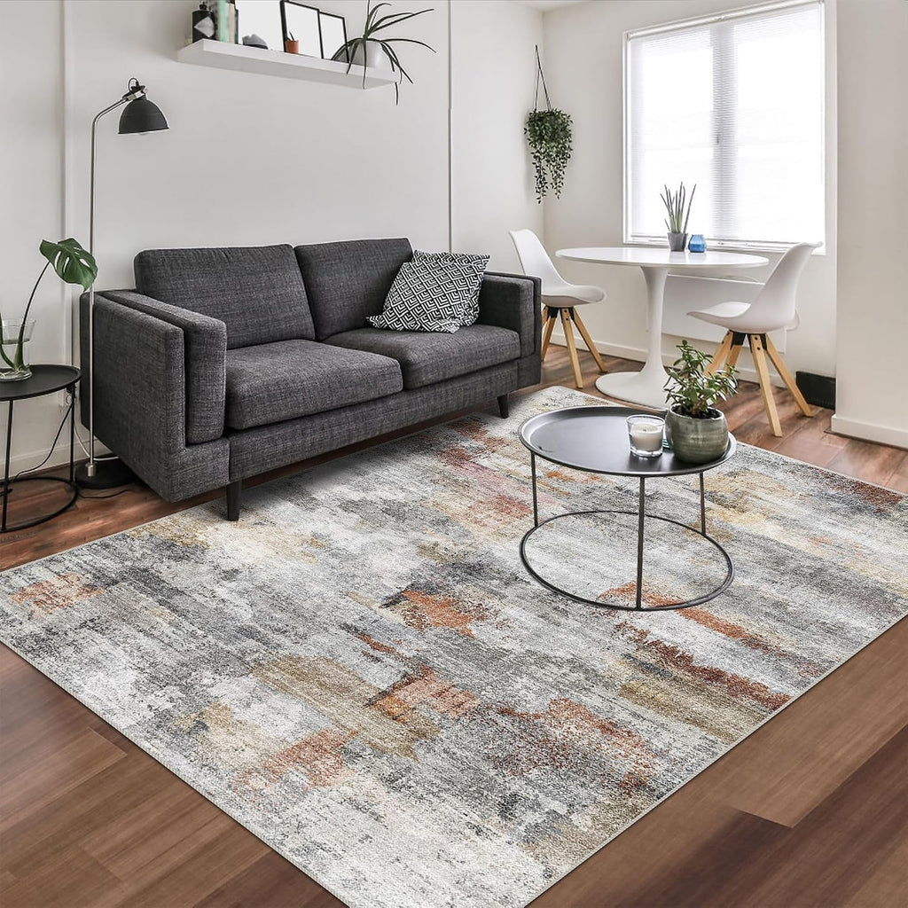 vivorug Washable Rug, Ultra Soft Area Rug 8x10, Non Slip Abstract Rug Carpet, Stain Resistant Rugs for Living Room Bedroom, Modern Fluffy Rug (Gray/Rust, 8'x10')