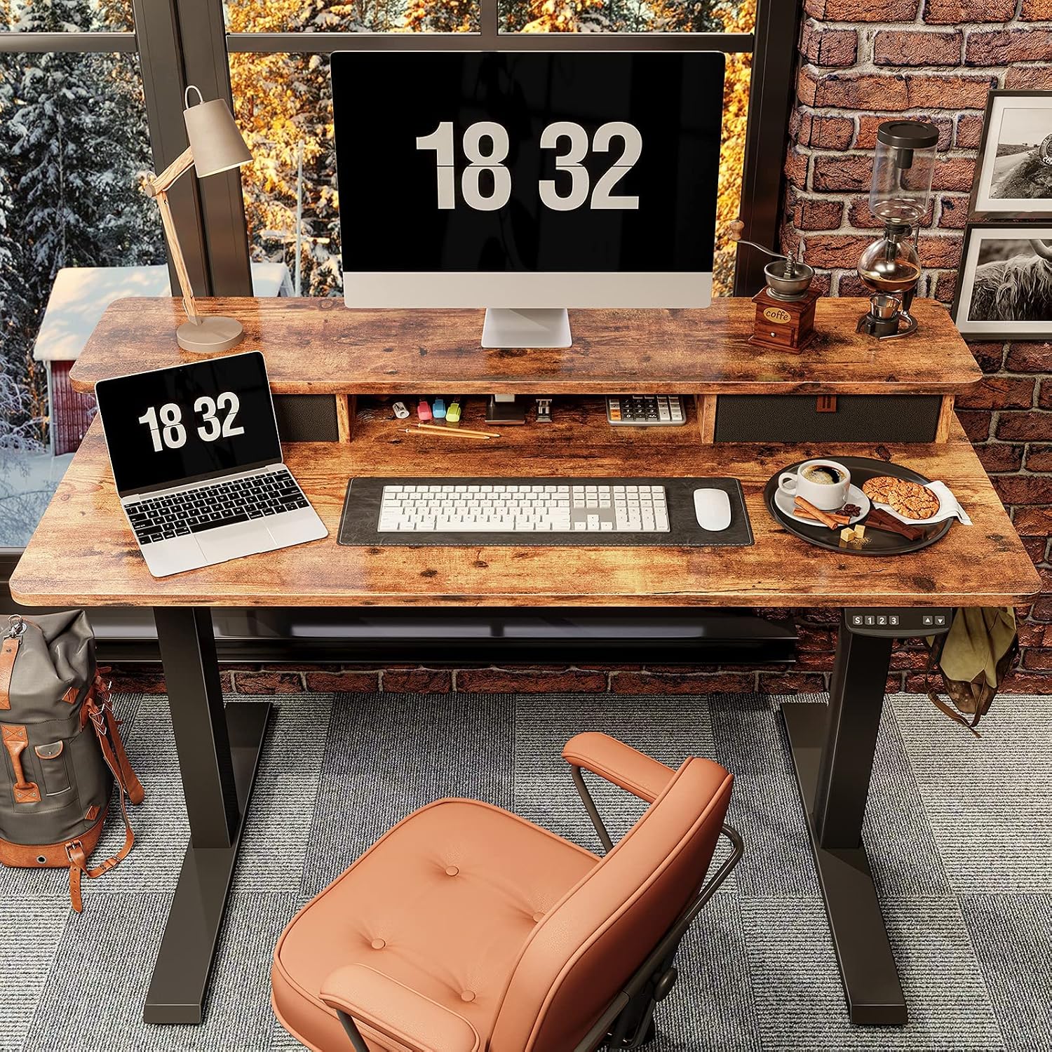 FEZIBO 48 x 24 Inch Height Adjustable Electric Standing Desk with Double Drawer, Stand Up Table with Storage Shelf, Sit Stand Desk, Rustic Brown