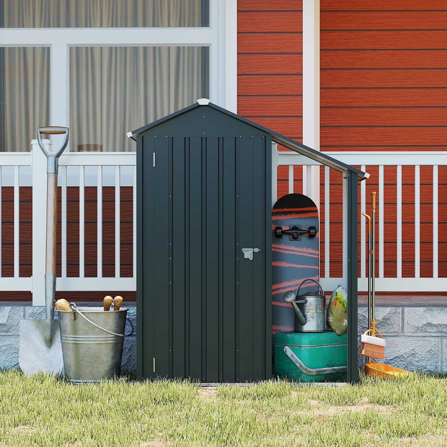 YOPTO Storage Shed,Iron 2-in-1 Storage Cabinet with A Solid Lock System and Sloped Roof,Outdoor Firewood Shed w/Waterproof,Garden Tool House for Lawnmowers,firewood,Dark Gray