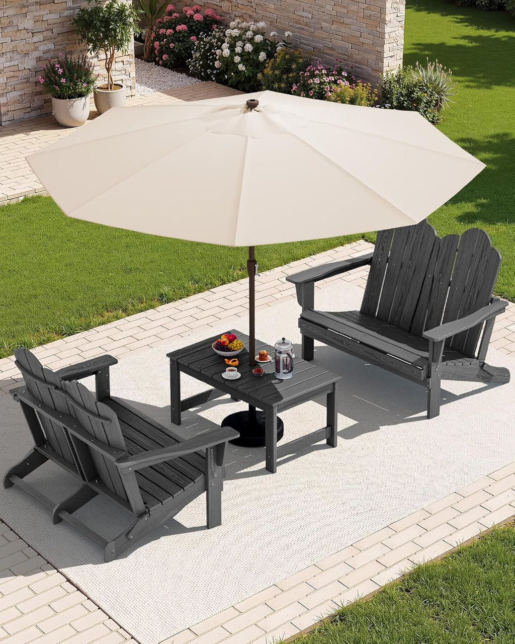 SERWALL Folding Adirondack Bench, HDPE All-Weather Adirondack Loveseat Set of 2, Grey