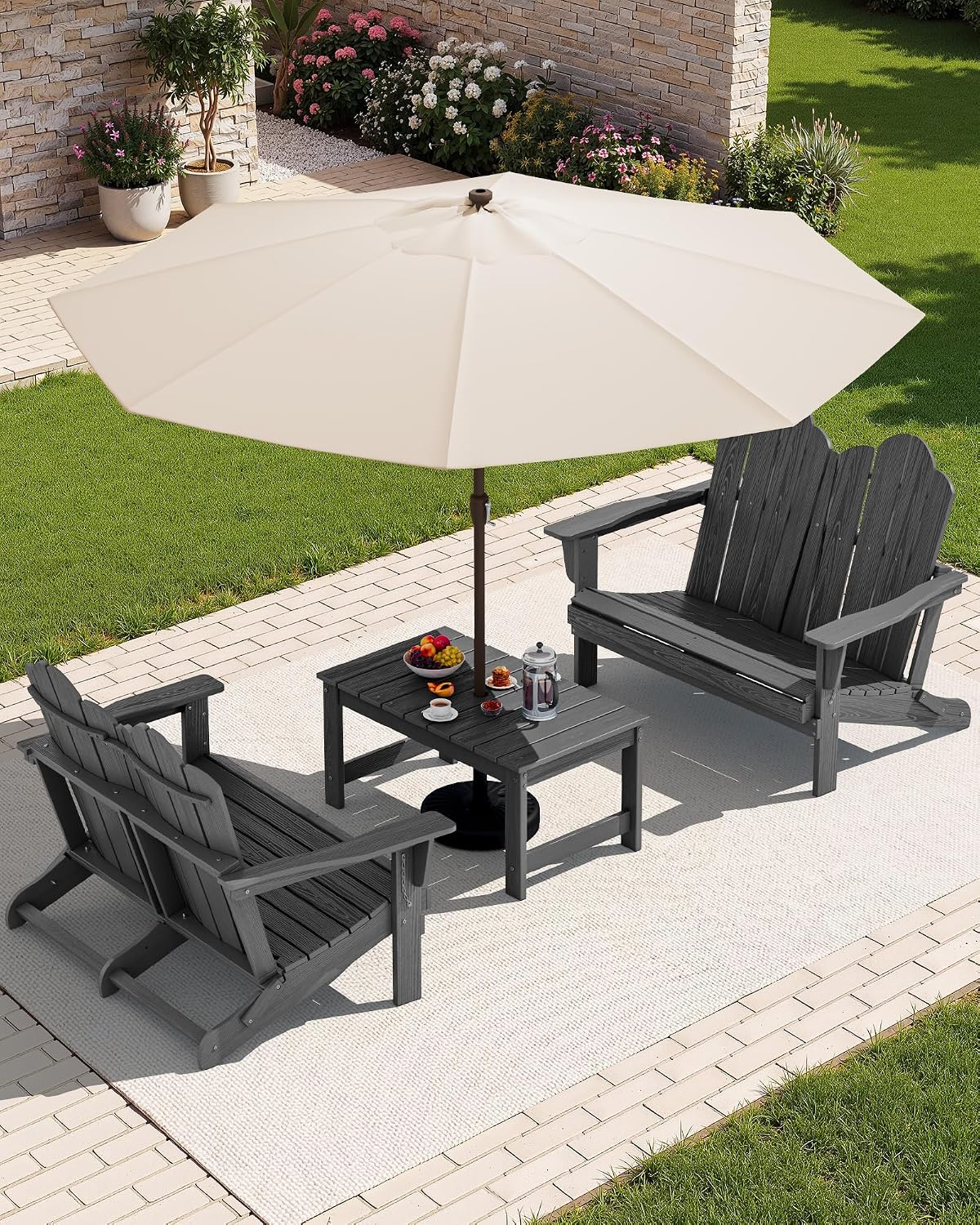 SERWALL Adirondack Bench, HDPE All-Weather Adirondack Loveseat, Outdoor Adirondack Chair for 2, Grey