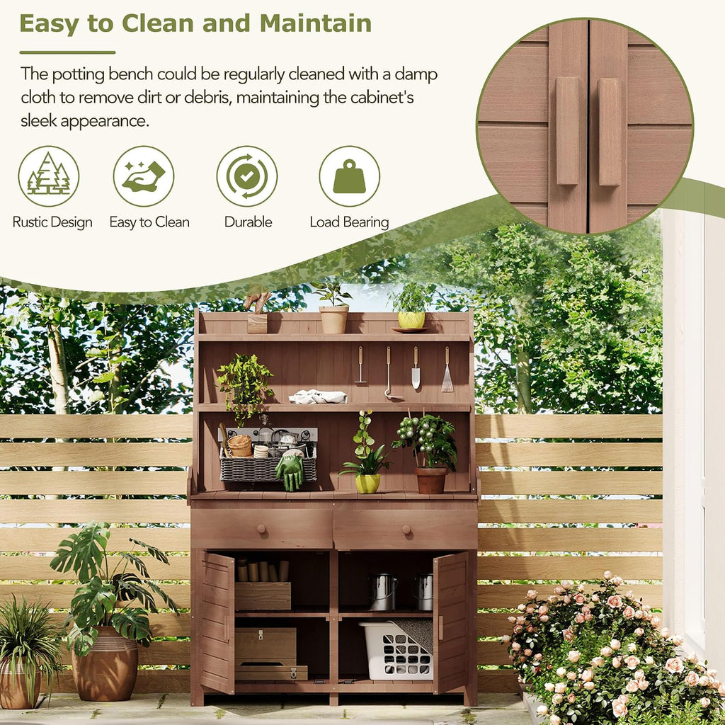 JIVOIT Modern 65inch Garden Potting Bench Table, Fir Wood Workstation with Three-Tier Storage Shelf, Two Drawer and Cabinet, Large Gardening Workstation for Outdoor Space (Brown * Fir Wood)