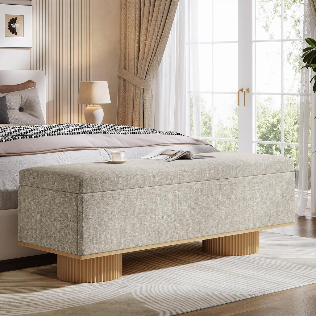 Tribesigns 50.39' Storage Bench with Padded Seat Cushion, Upholstered Shoe Bench with Flip Up Storage for Bedroom, Living Room, Entryway, Load up to 330 lb, Beige + Wood Color