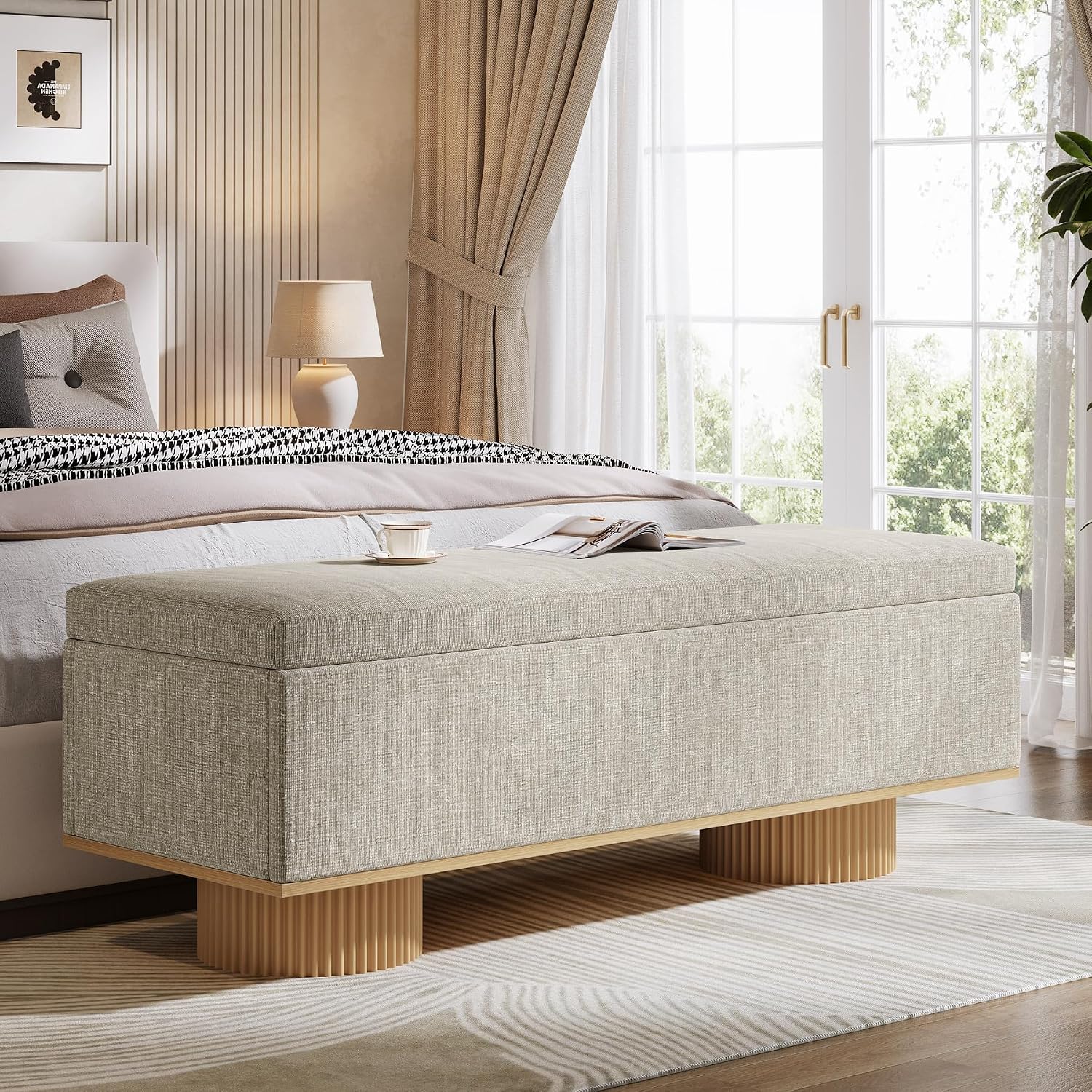 Tribesigns 50.39' Storage Bench with Padded Seat Cushion, Upholstered Shoe Bench with Flip Up Storage for Bedroom, Living Room, Entryway, Load up to 330 lb, Beige + Wood Color